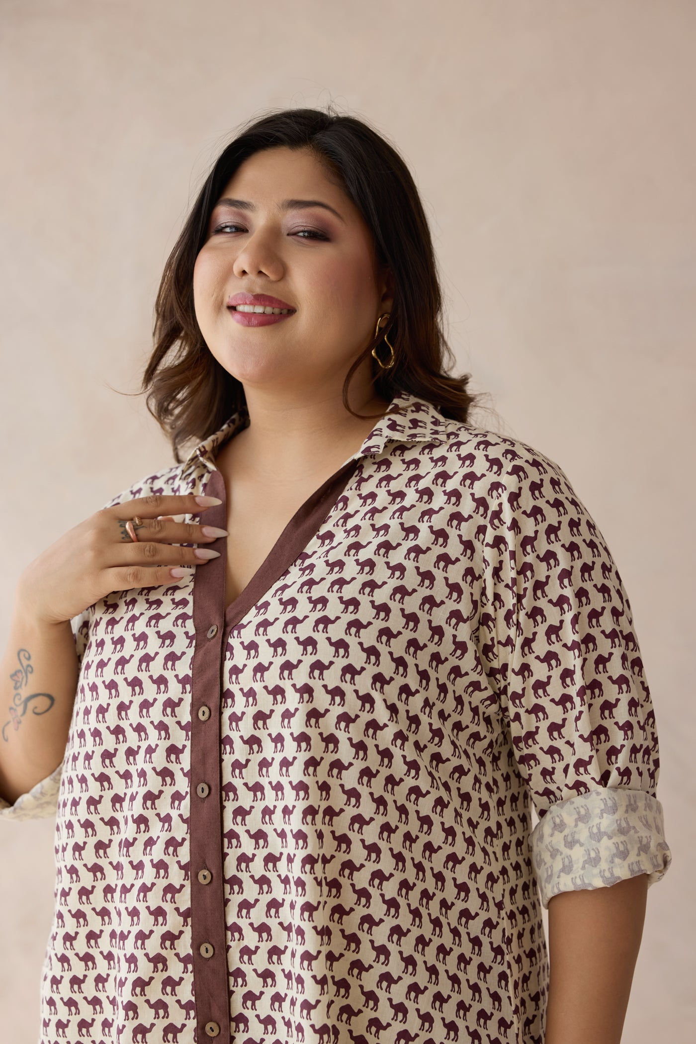 Brown Camel Printed Cotton Top & Bottom Co-ord Set