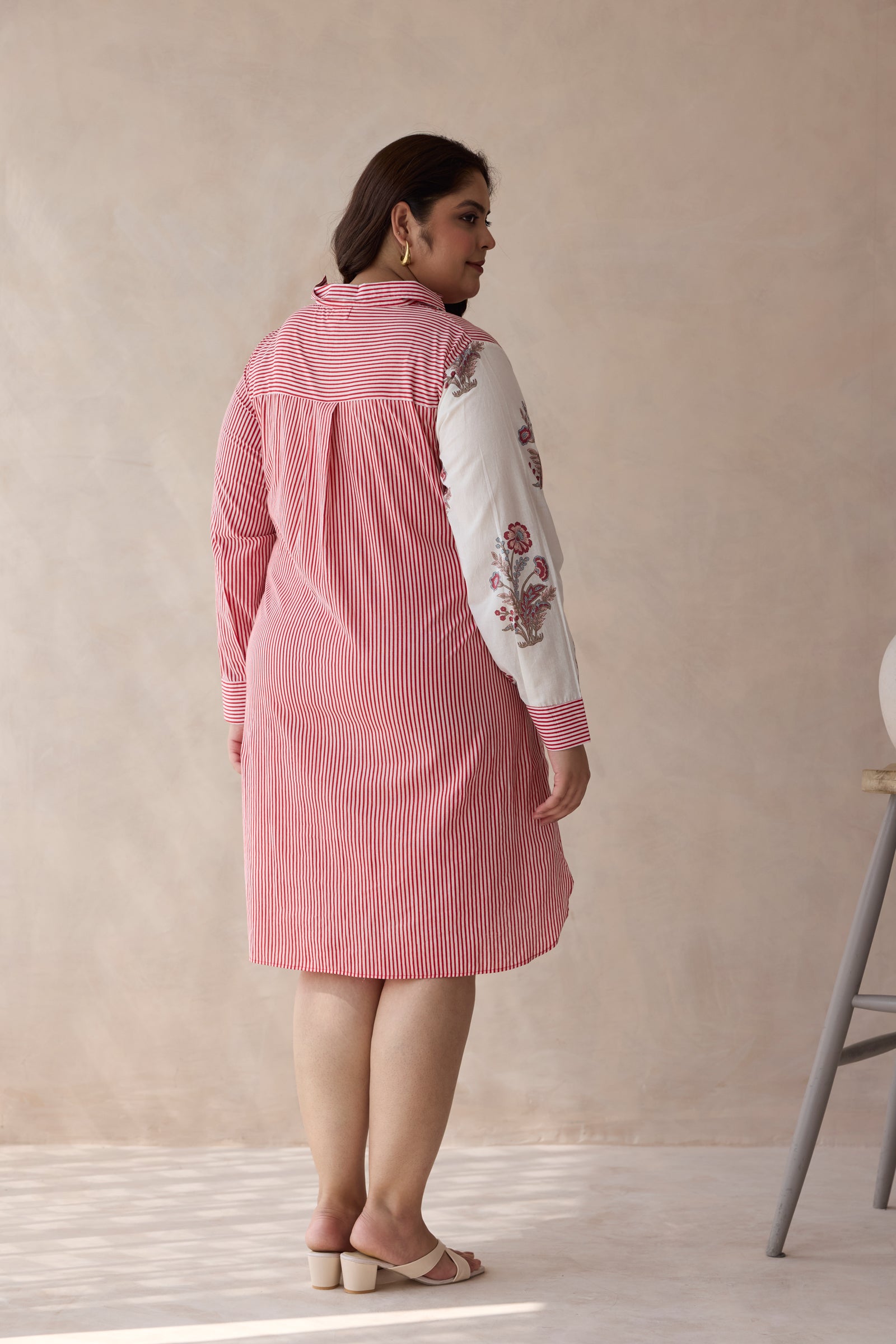 Striped Jaipur Pink Floral Cotton Short Shirt Dress