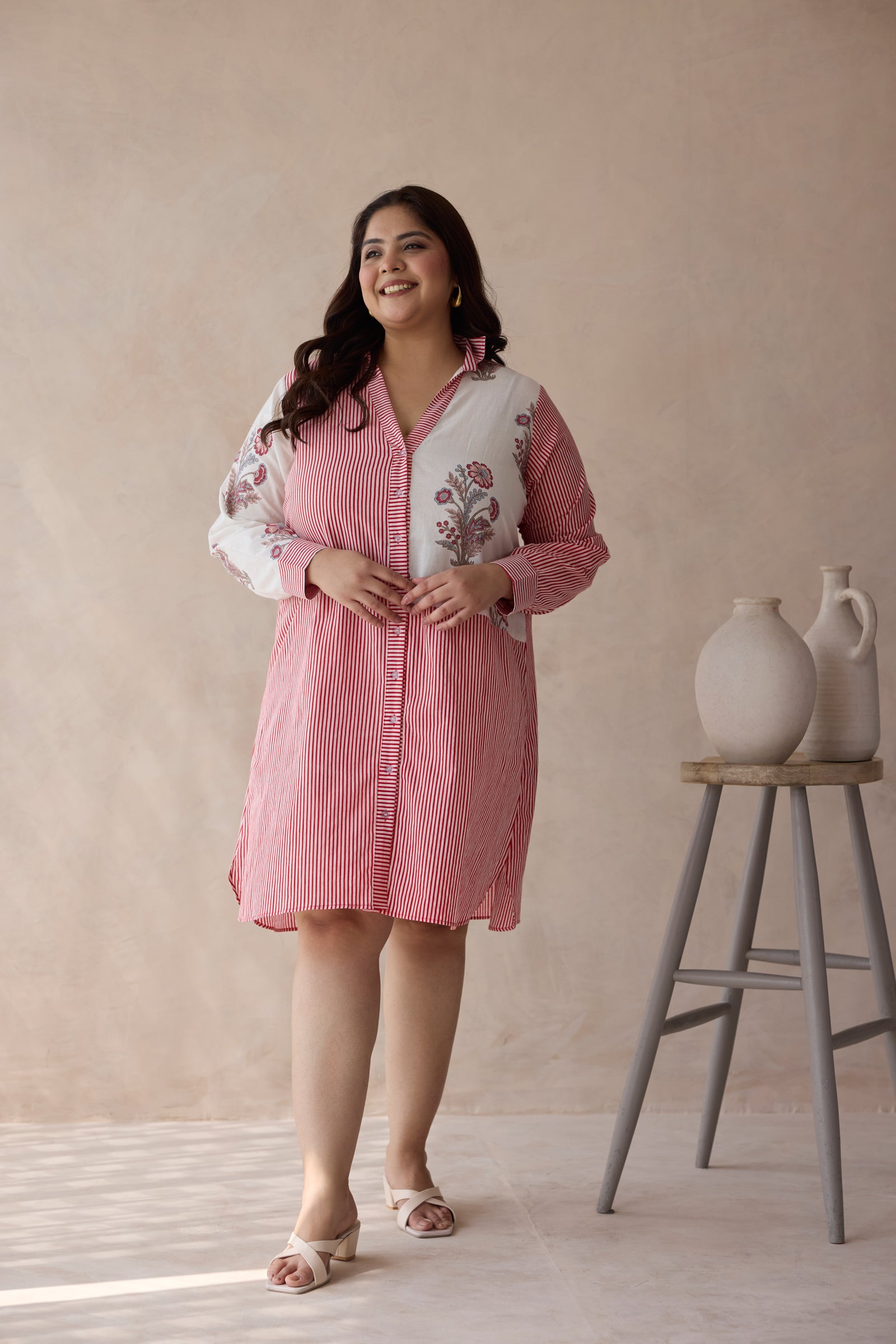 Striped Jaipur Pink Floral Cotton Short Shirt Dress