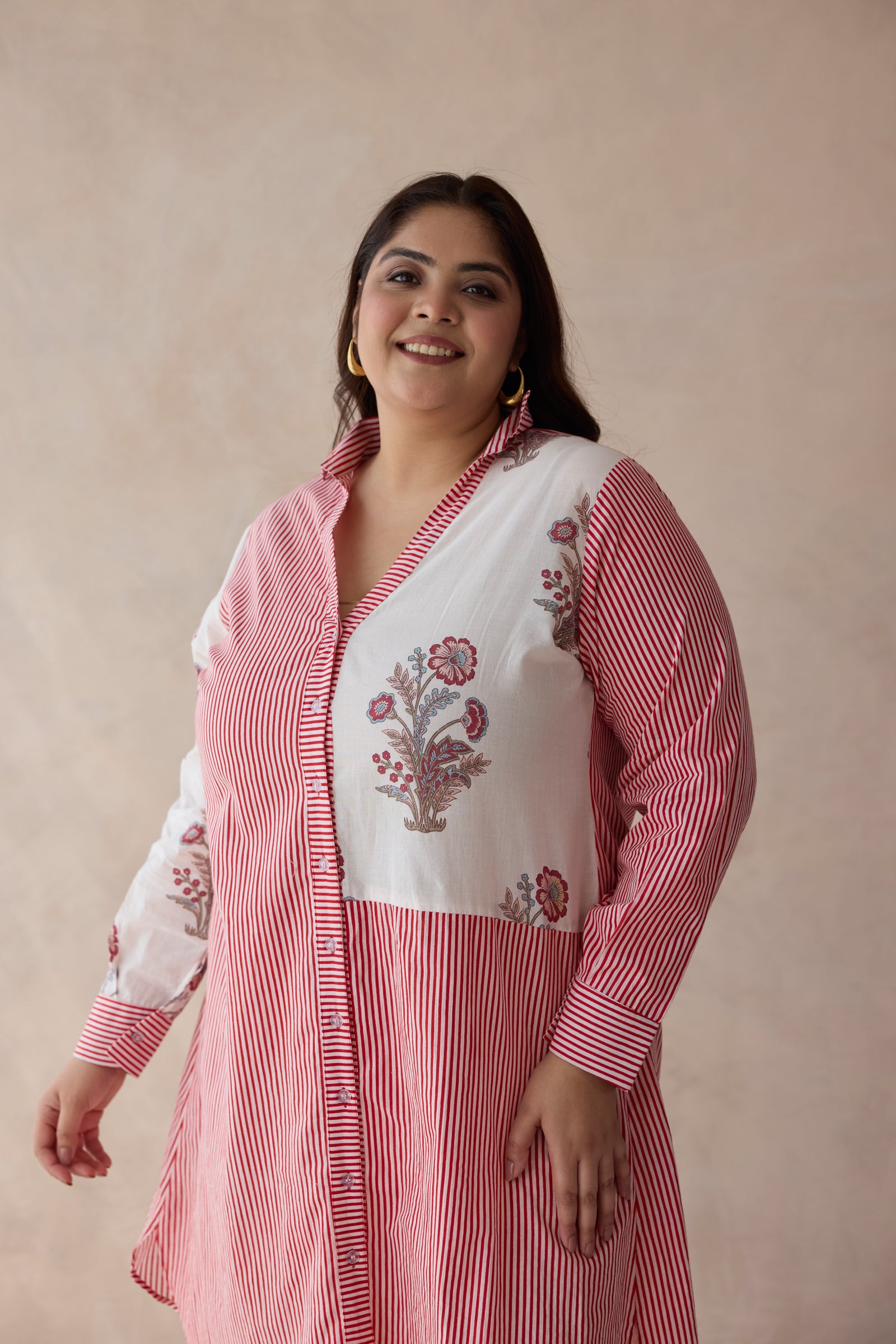Striped Jaipur Pink Floral Cotton Short Shirt Dress