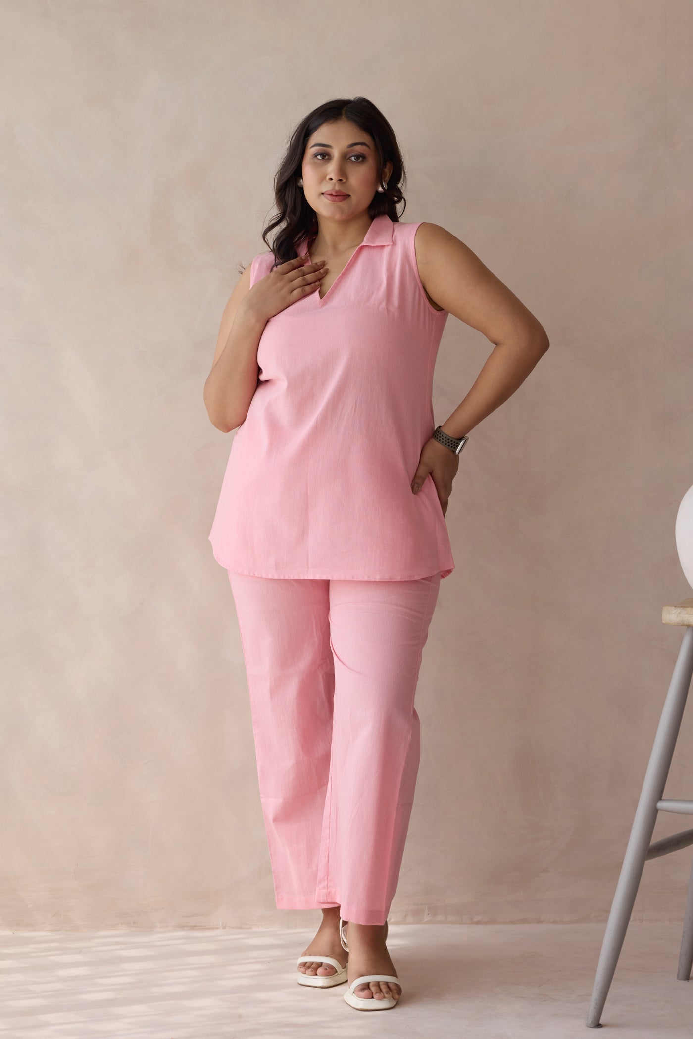 Blush Pink Linen Co-ord Set with Collared Top & Relaxed Bottom