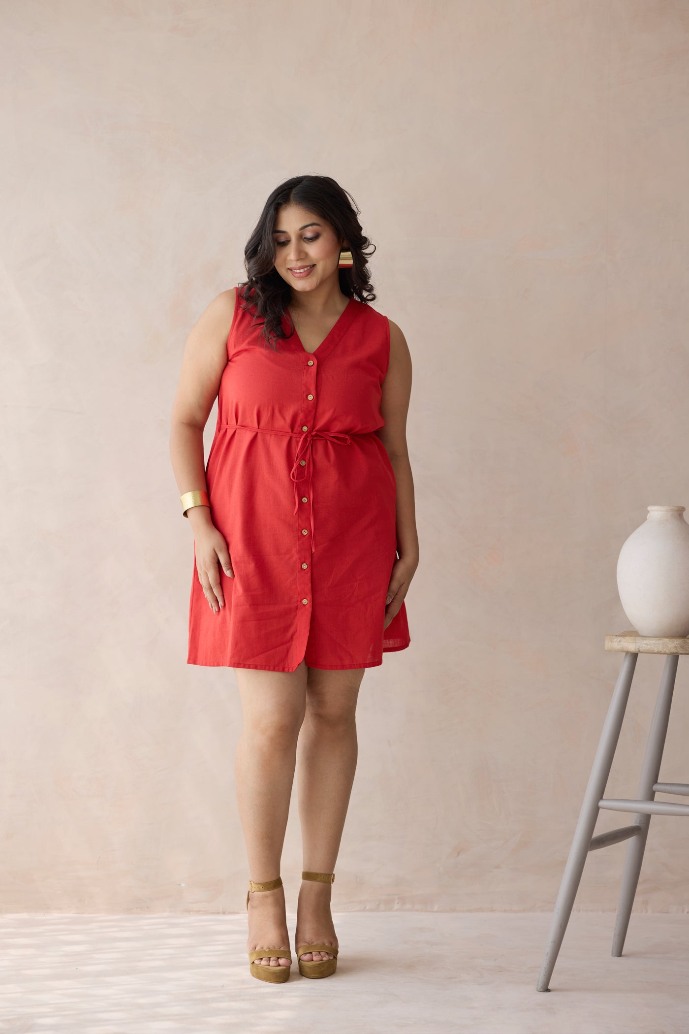 Summery Red Linen Dress with Drawstring