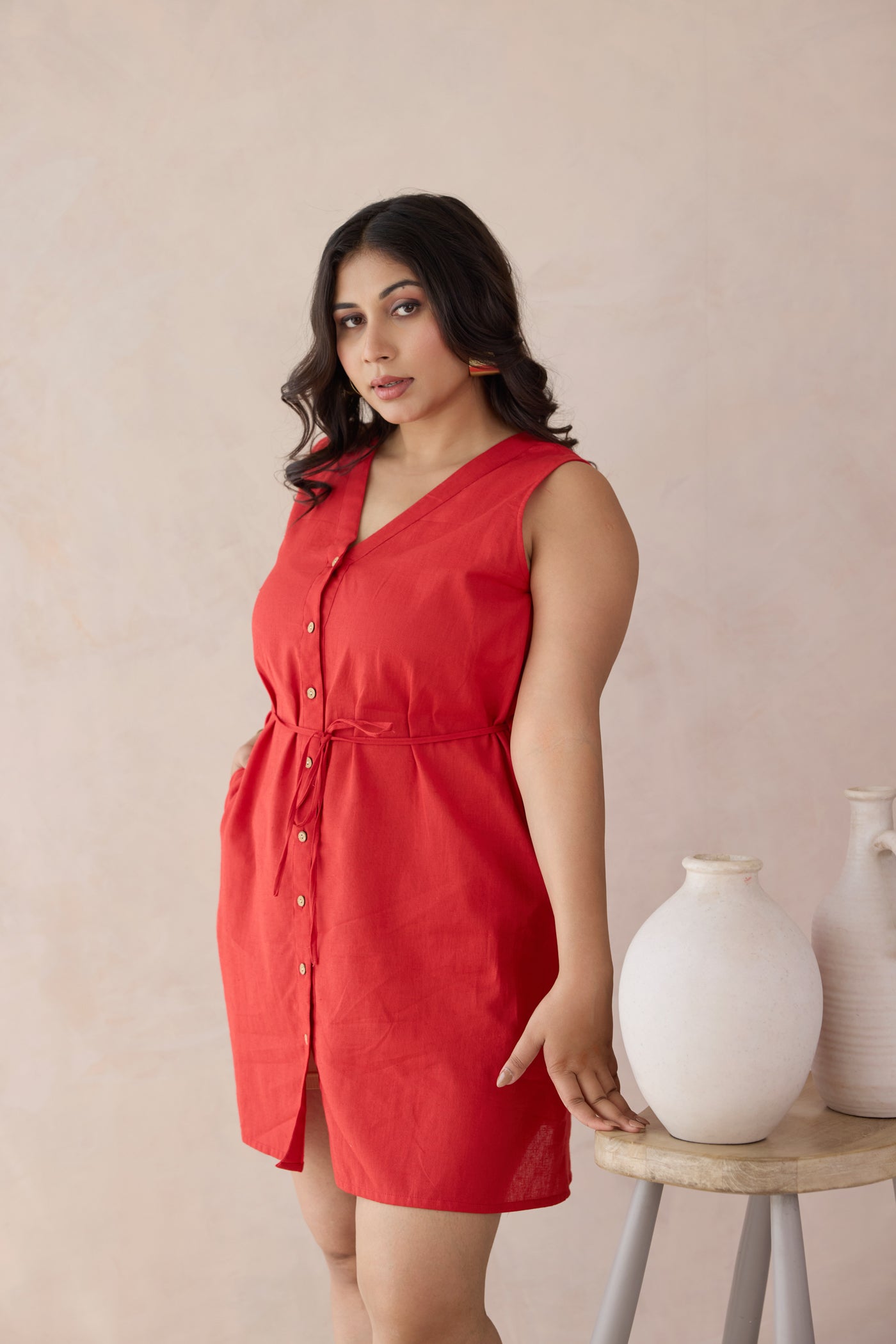 Summery Red Linen Dress with Drawstring