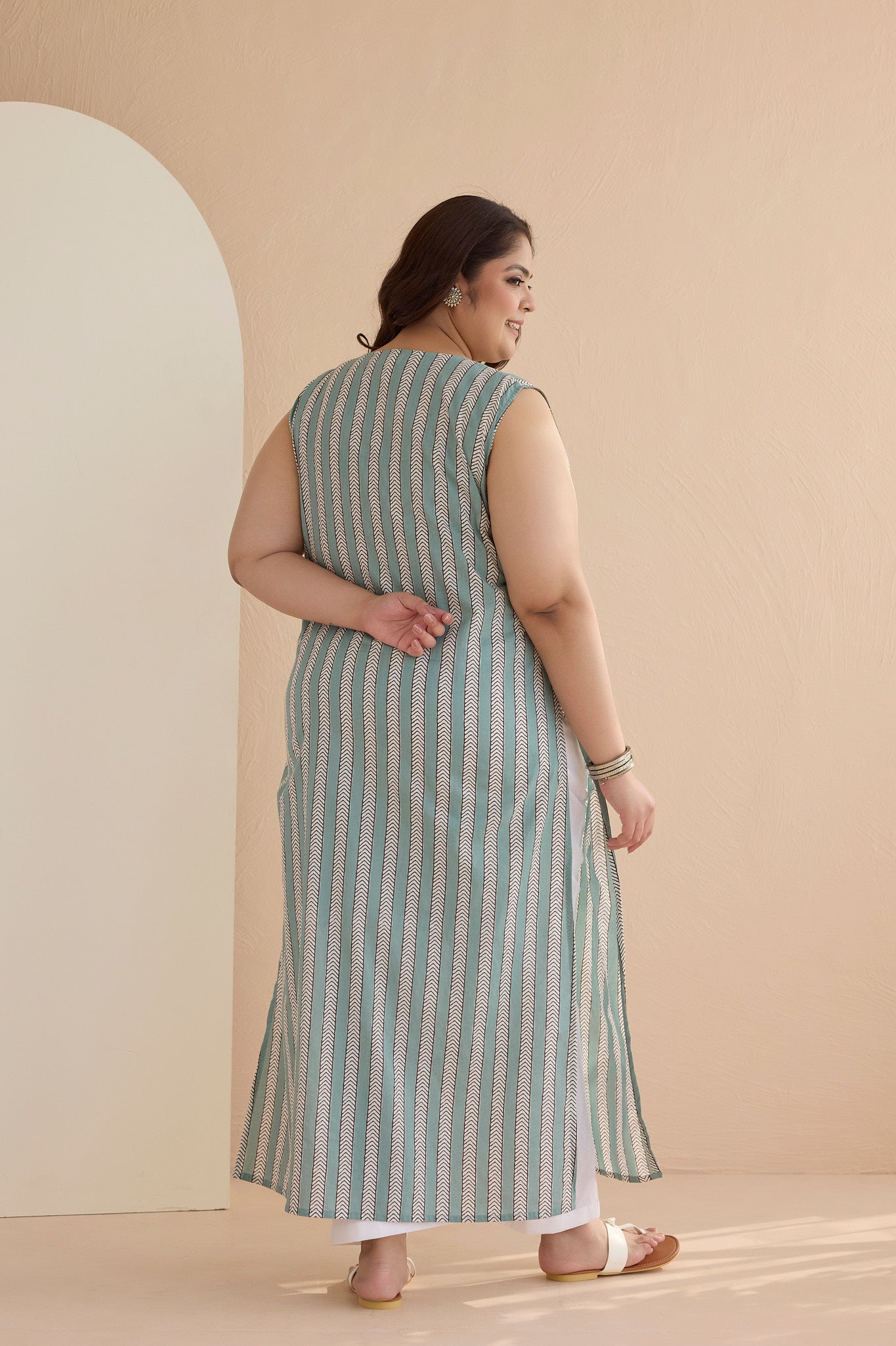 Teal Striped Cotton Shirt Kurta Set with Openable Buttons(set of 2)