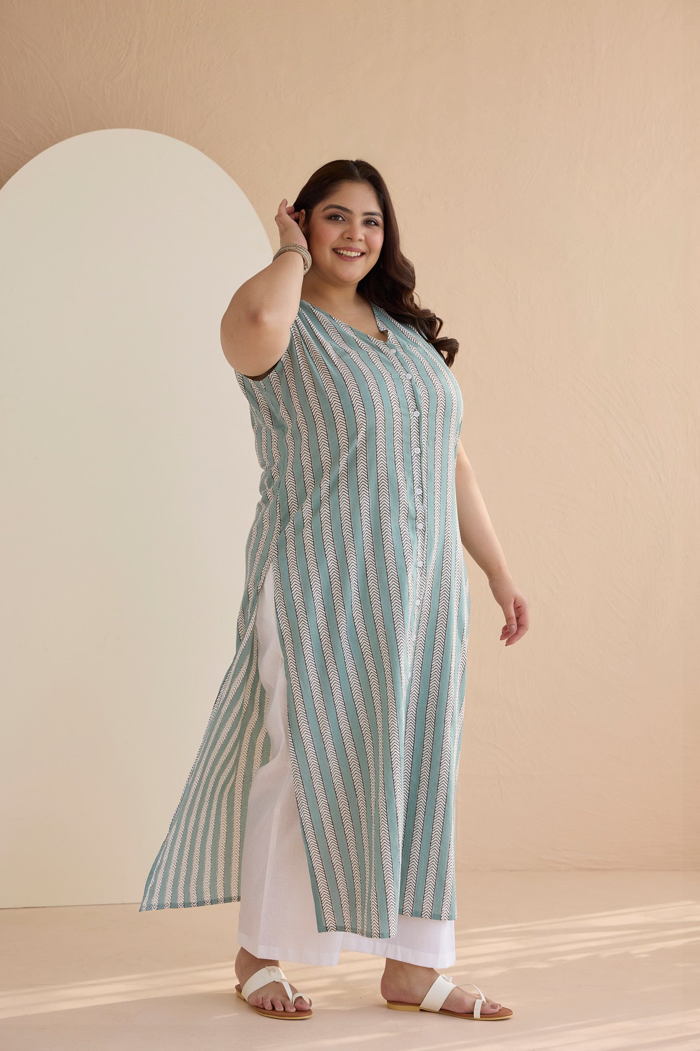 Teal Striped Cotton Shirt Kurta Set with Openable Buttons(set of 2)