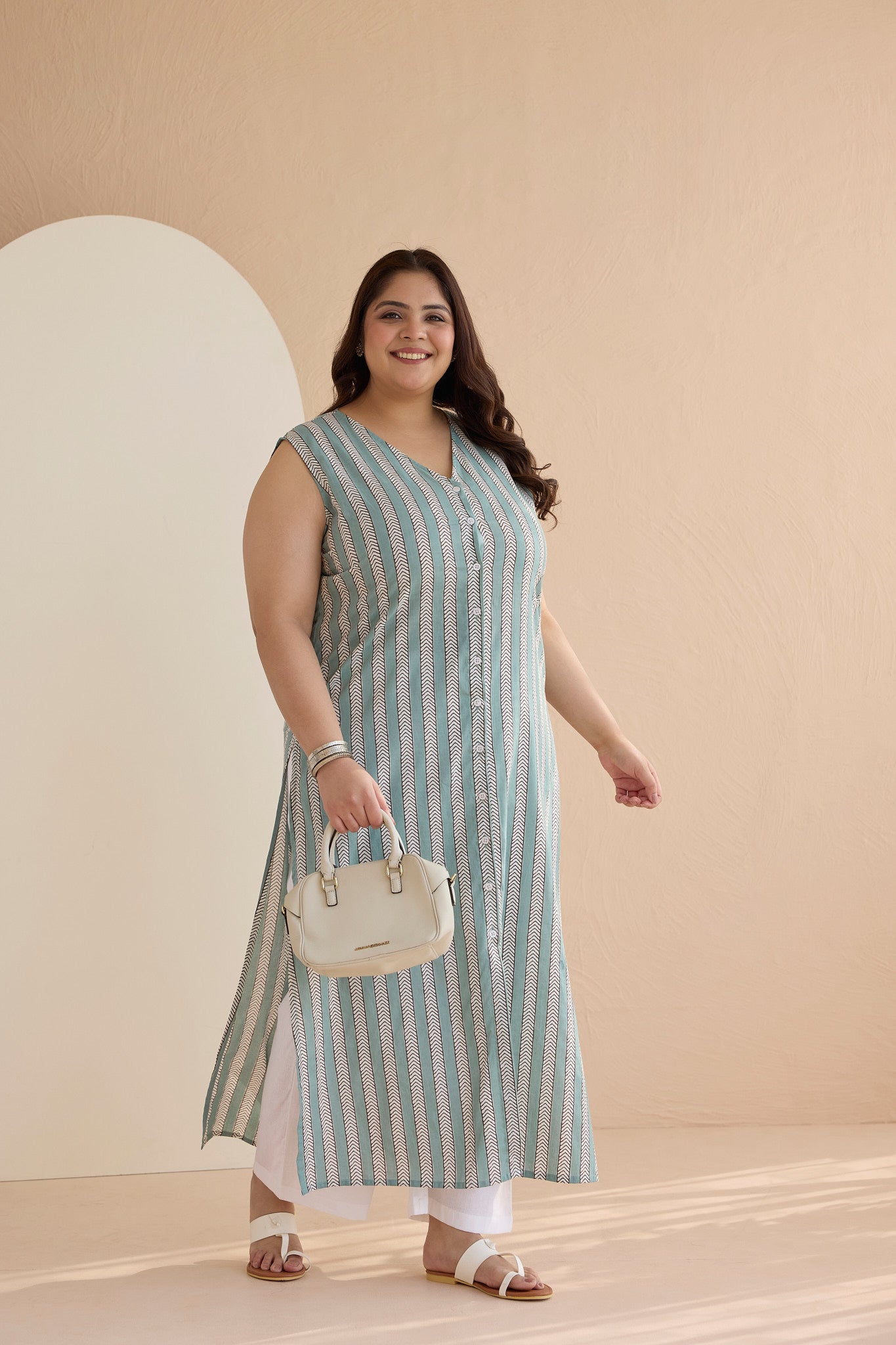 Teal Striped Cotton Shirt Kurta Set with Openable Buttons(set of 2)