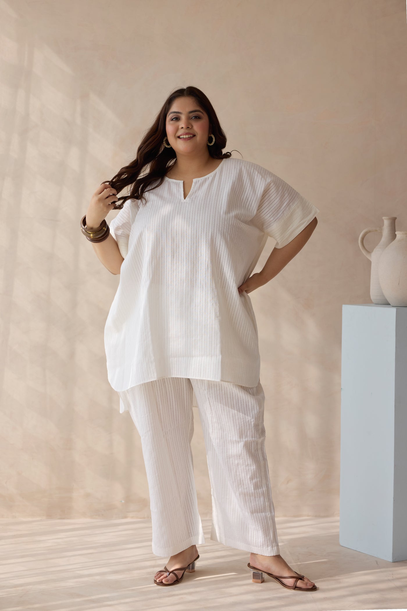 Pearl White Antifit Striped Cotton Co-ord Set