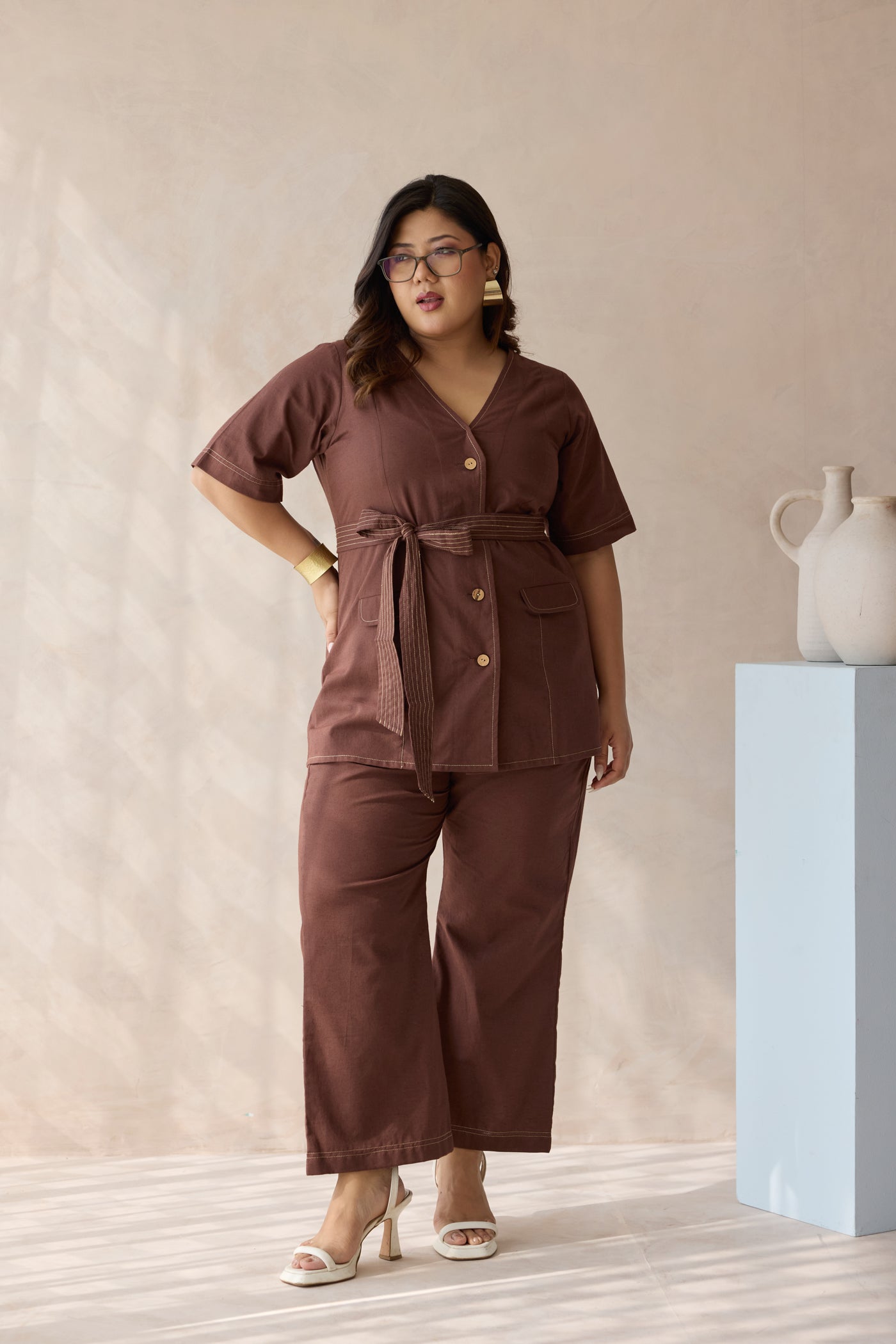 Bossy Mocha Brown Belted Linen Co-ord Set- Jacket Top & Bottom