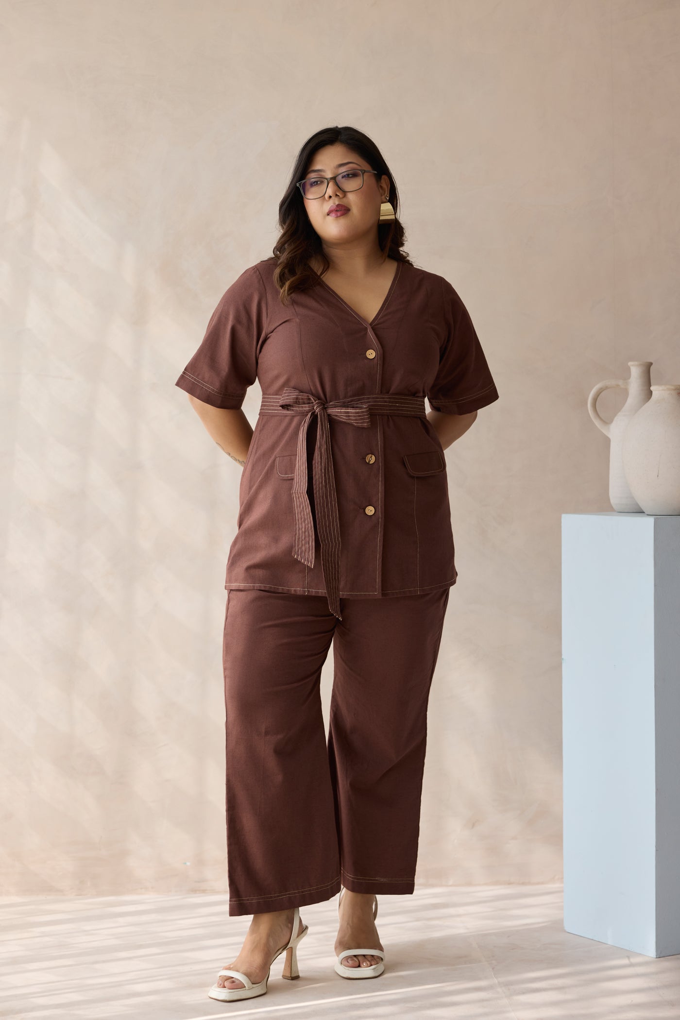 Bossy Mocha Brown Belted Linen Co-ord Set- Jacket Top & Bottom