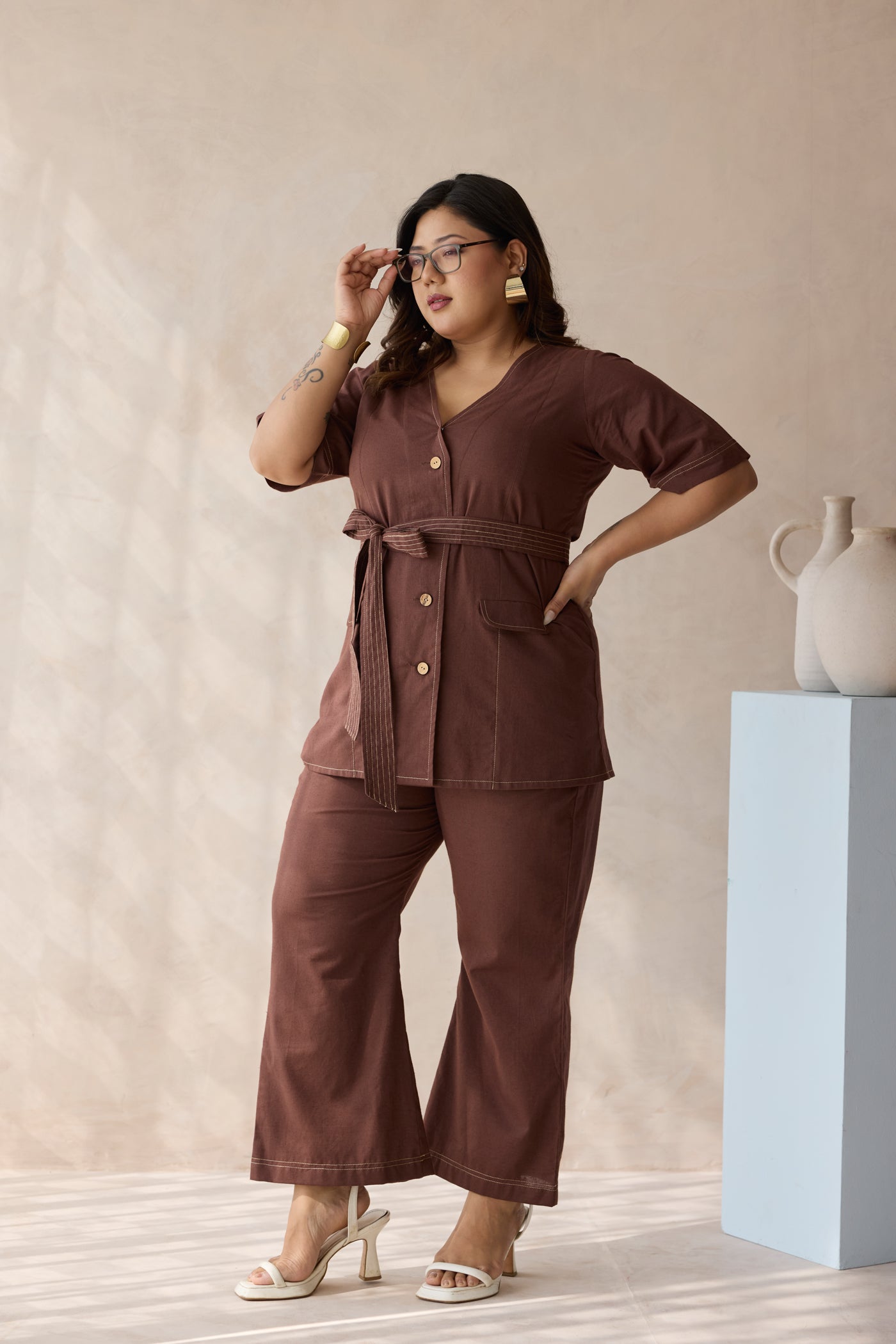 Bossy Mocha Brown Belted Linen Co-ord Set- Jacket Top & Bottom