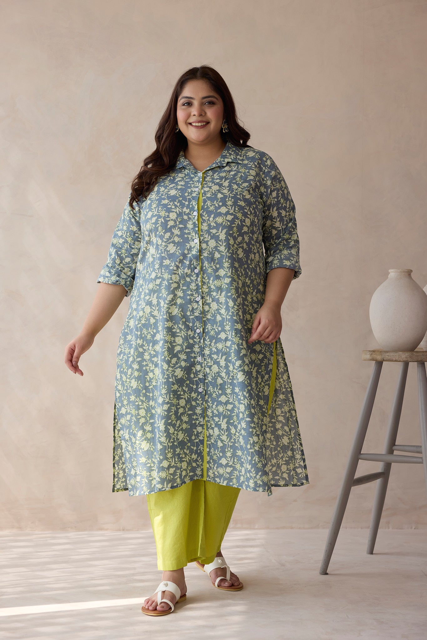 Floral-Printed Teal and Lime Green Kurta Set - (Set of 2)