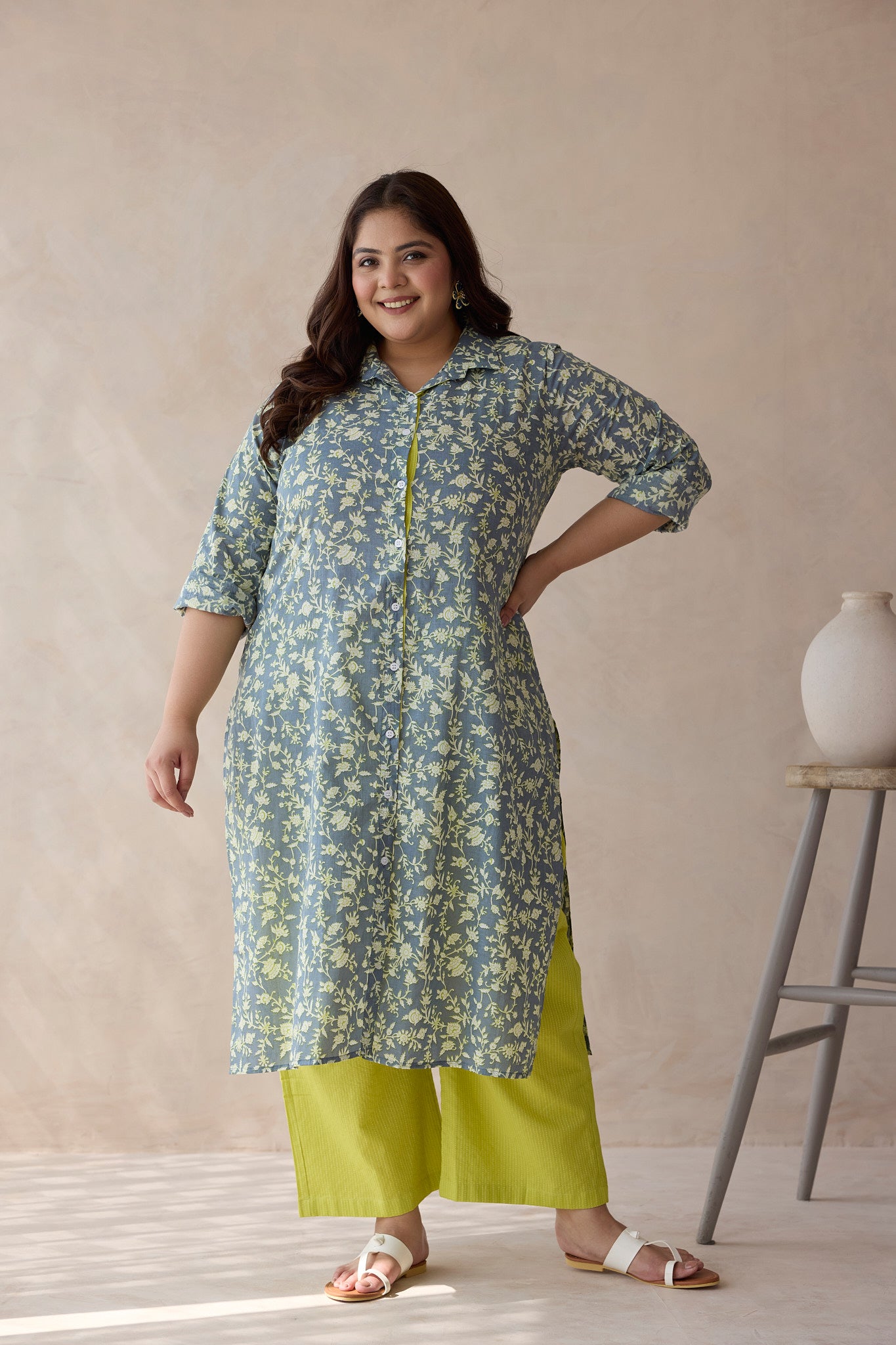 Floral-Printed Teal and Lime Green Kurta Set - (Set of 2)