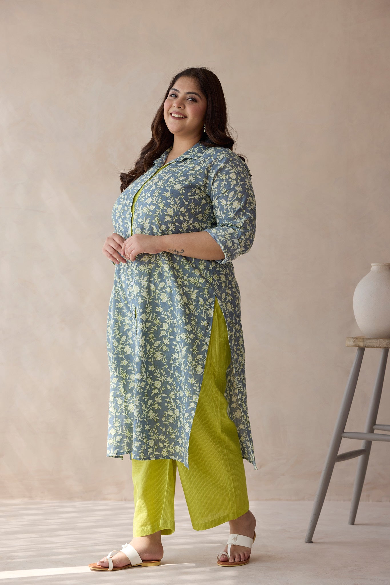 Floral-Printed Teal and Lime Green Kurta Set - (Set of 2)