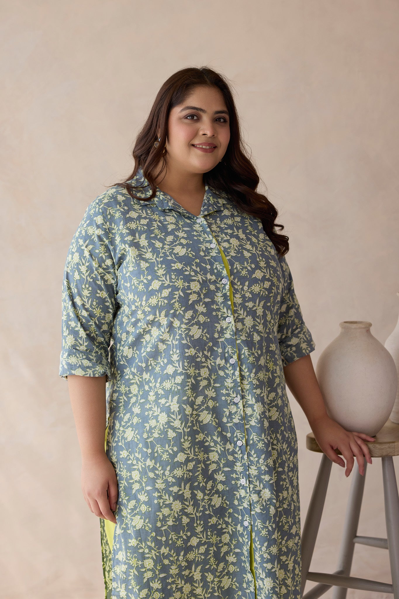 Floral-Printed Teal and Lime Green Kurta Set - (Set of 2)