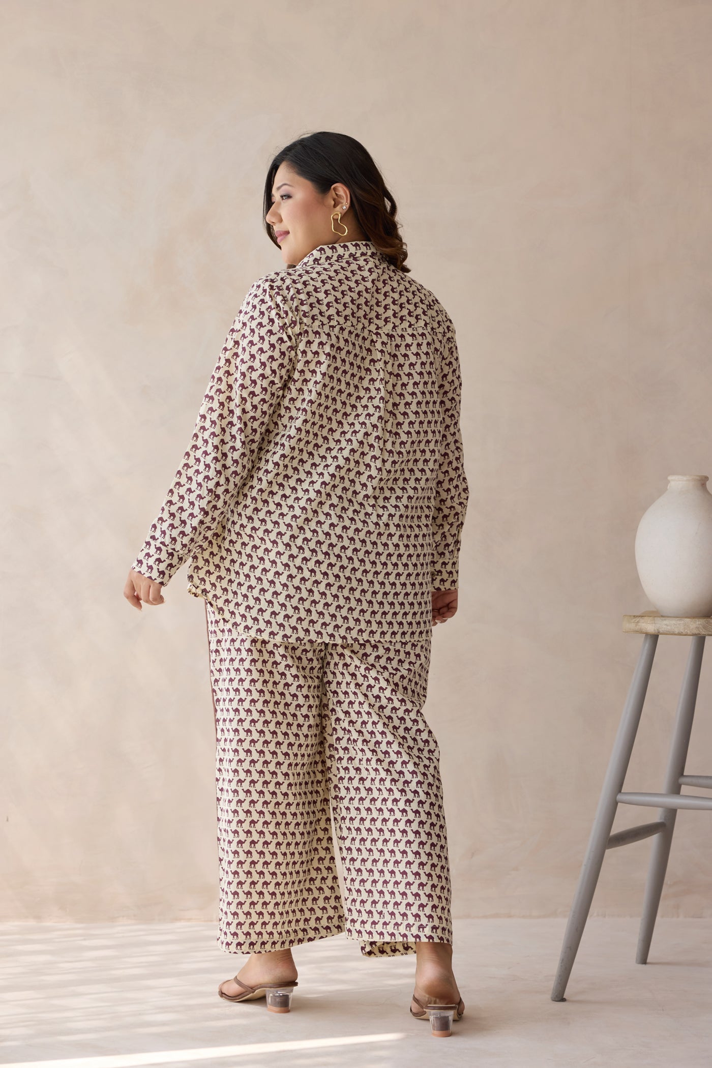 Brown Camel Printed Cotton Top & Bottom Co-ord Set