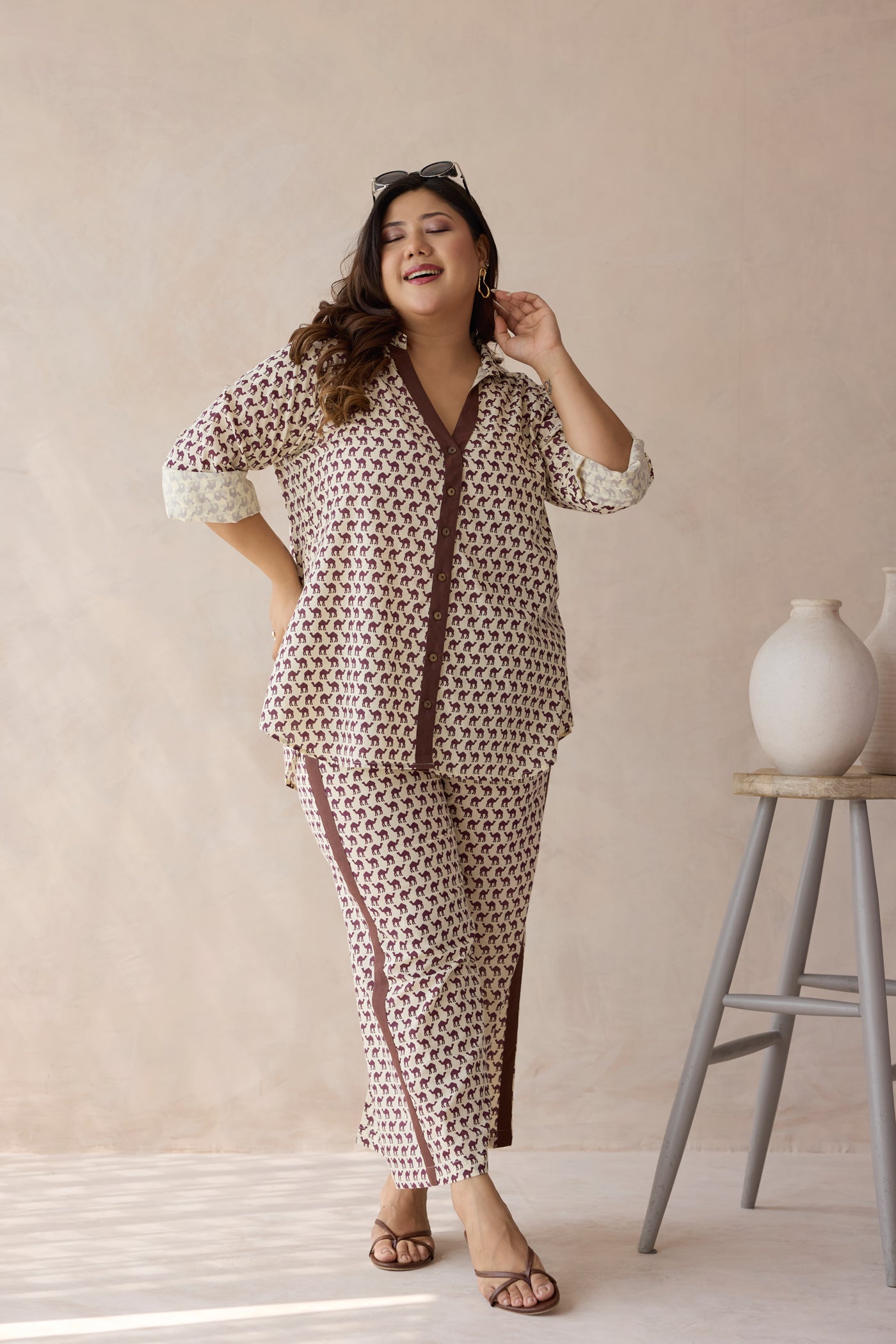 Brown Camel Printed Cotton Top & Bottom Co-ord Set