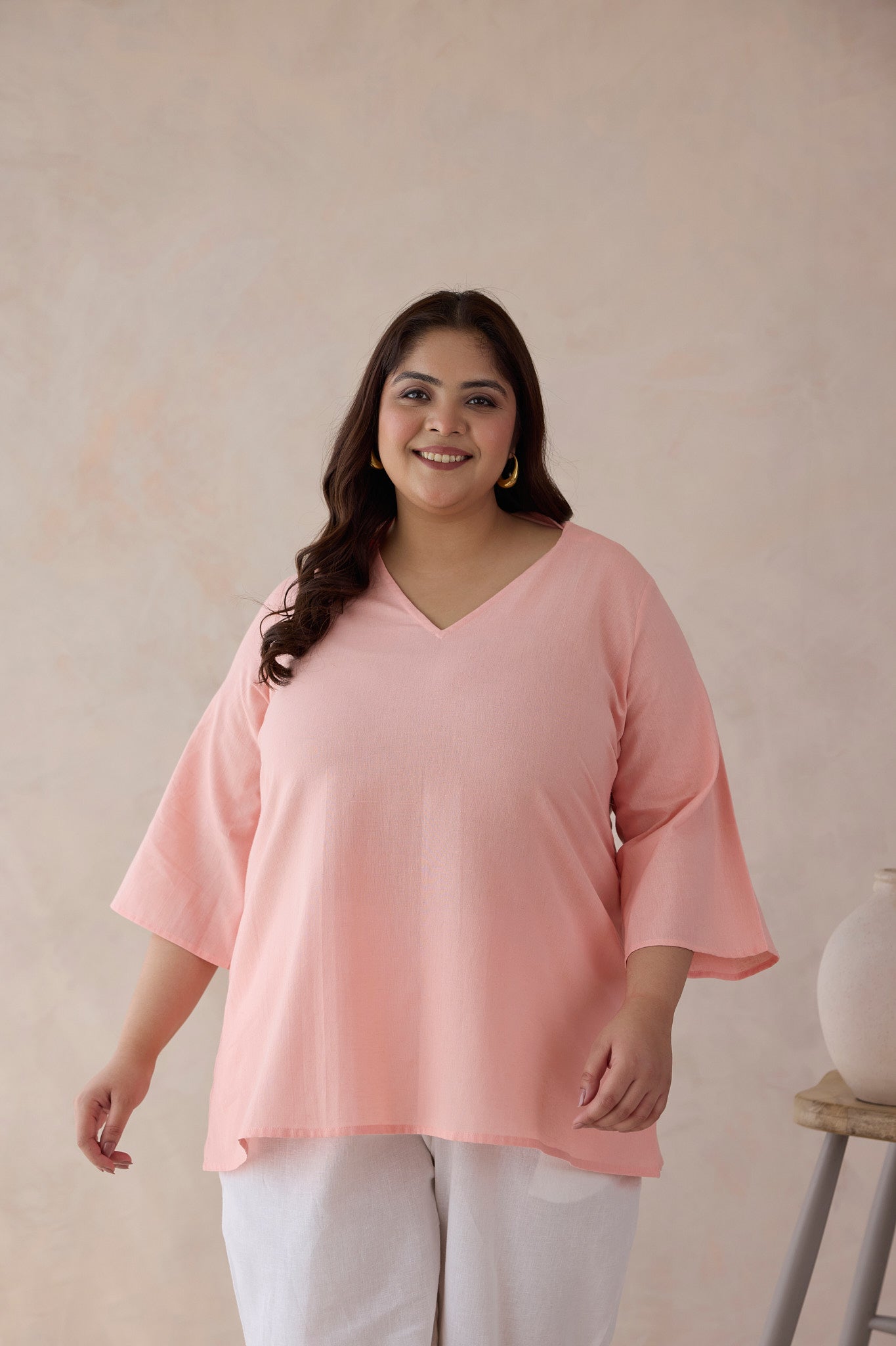 Coral Peach Cotton Collared V-Neck Top