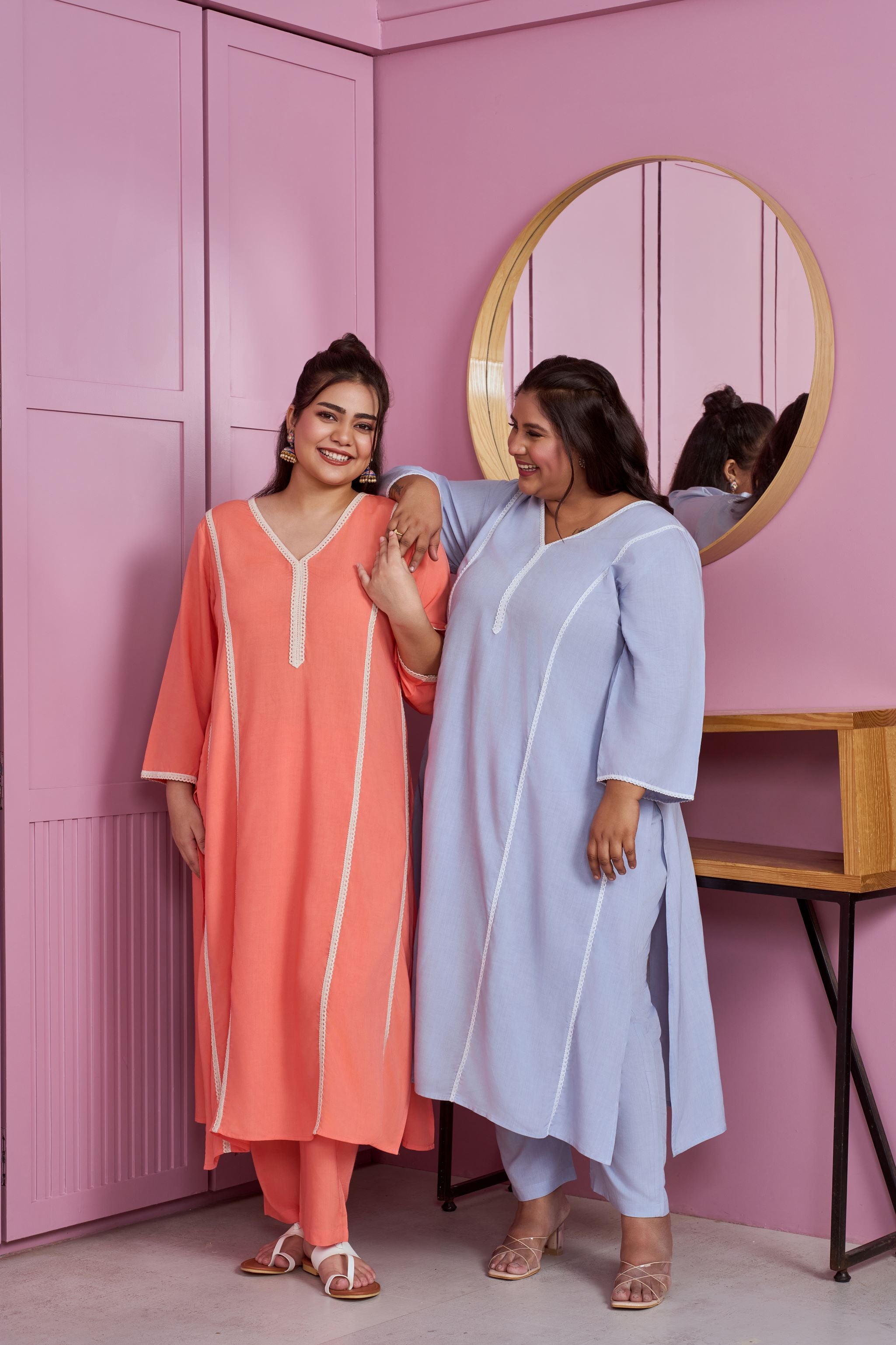 Powder Blue Modal Kurta Set with Lace Accents (Set of 2)