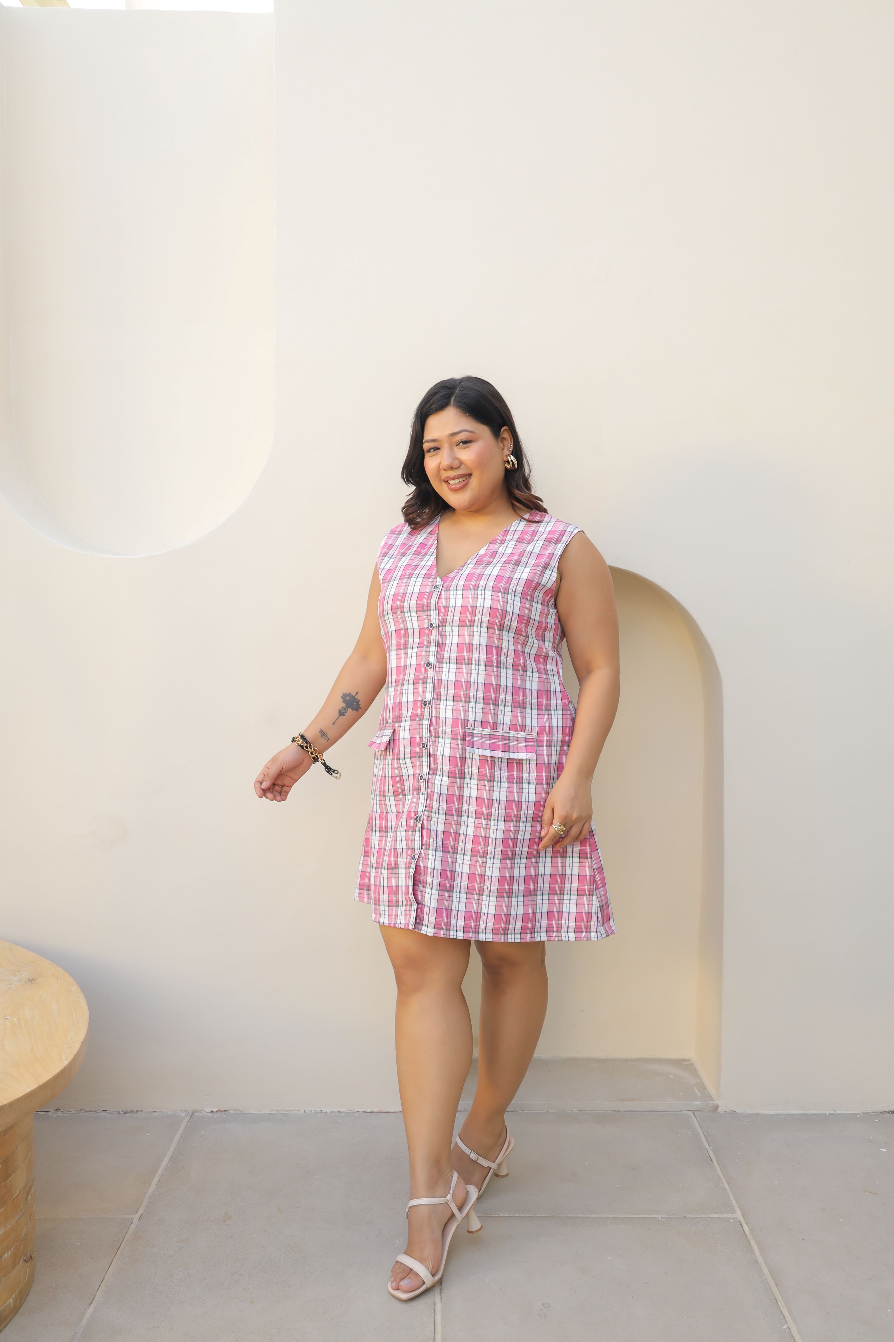 Pink Checked A-Line Mini Dress