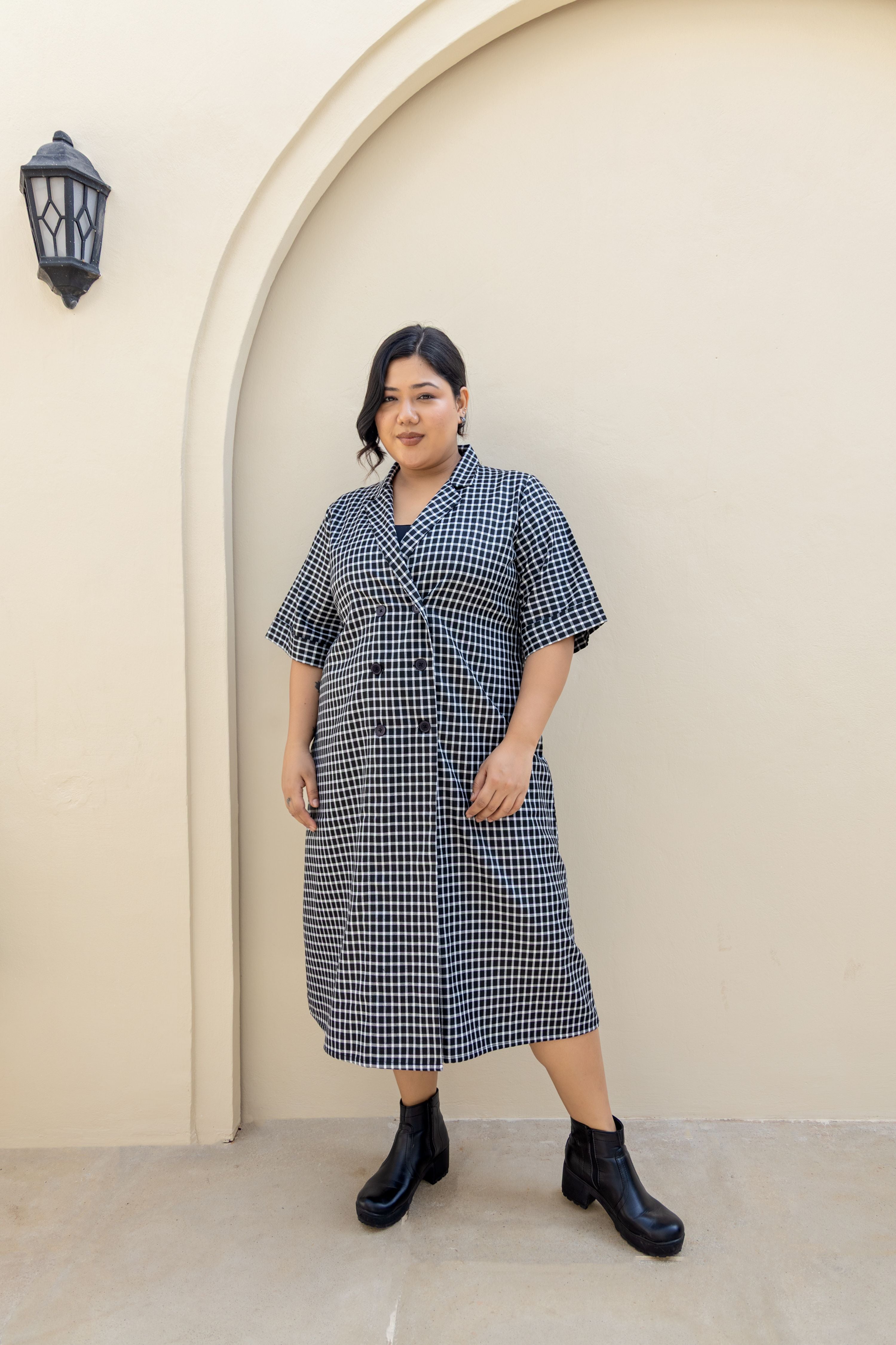 Black & White Gingham Midi Shirt Dress
