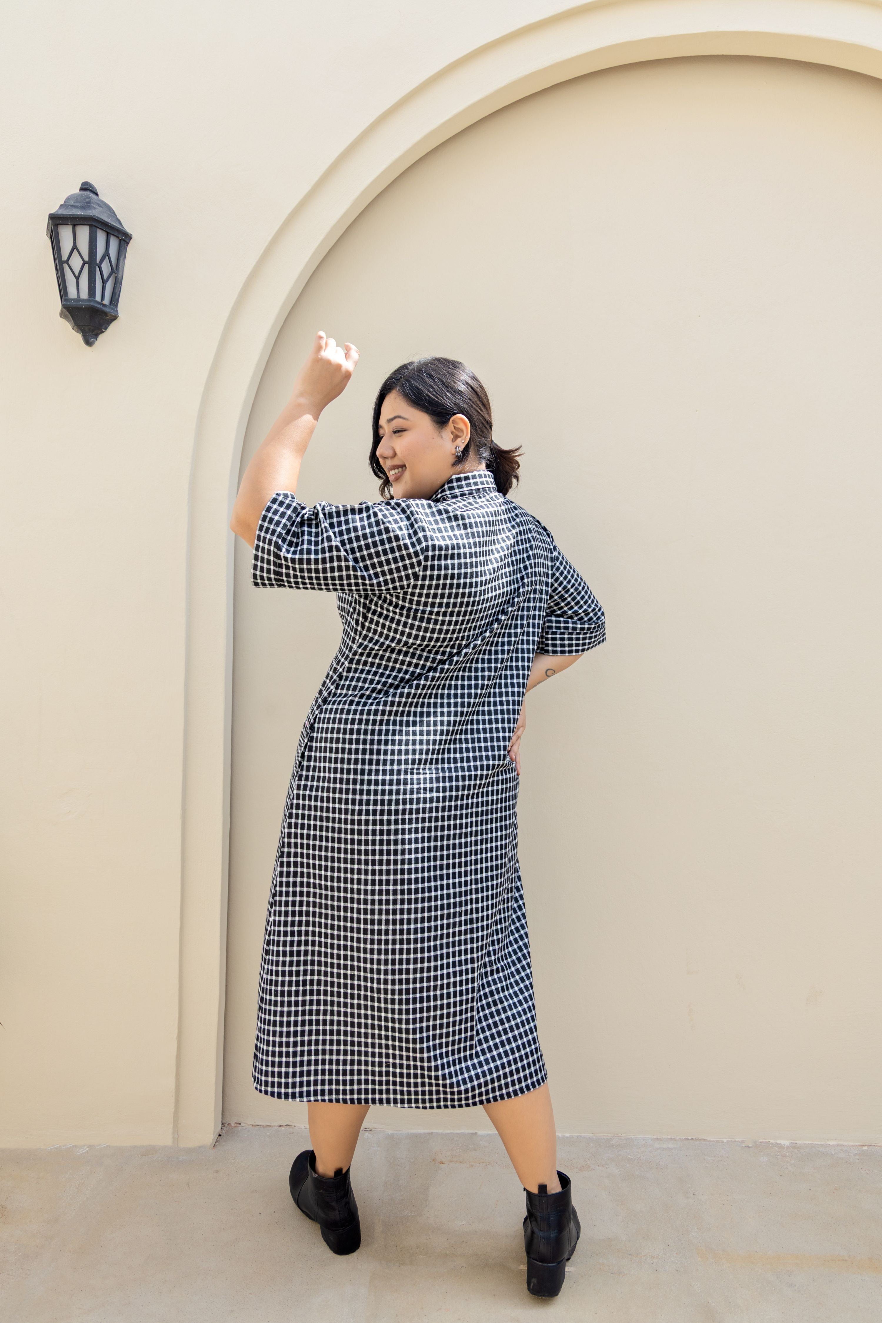 Black & White Gingham Midi Shirt Dress