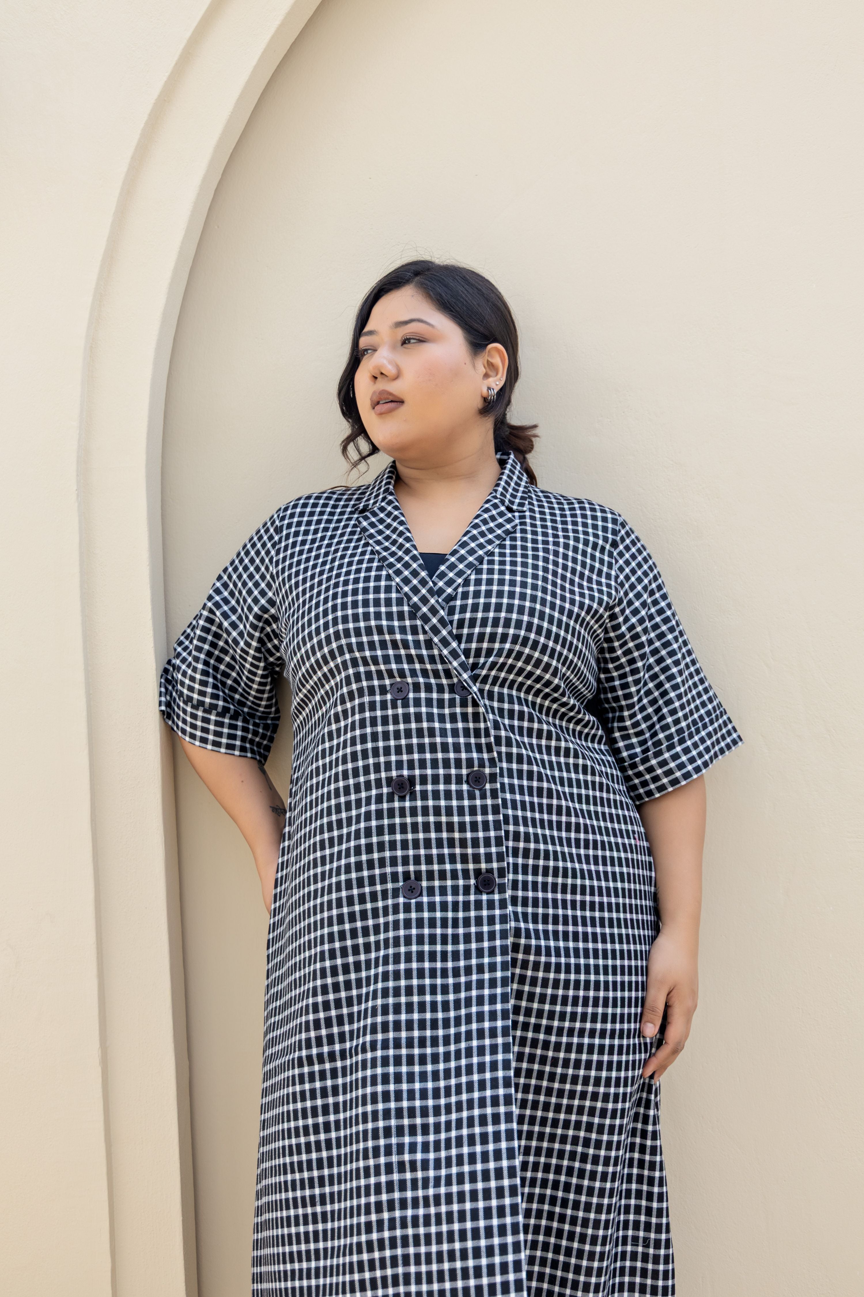 Black & White Gingham Midi Shirt Dress