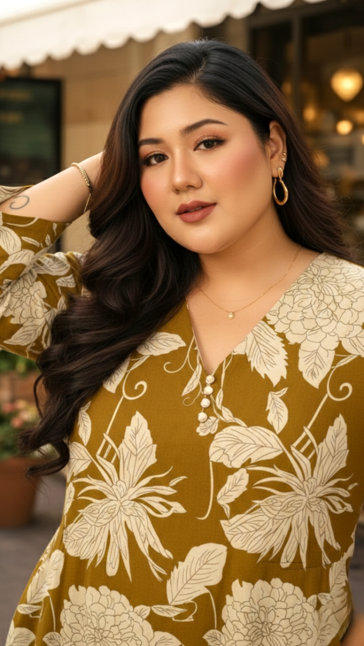 Plus Size Women’s Mustard Floral Midi Dress – Elegant A-Line