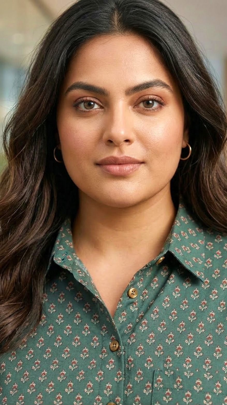 Plus Size Green Printed Cotton Shirt for Women – Smart Casual Office Wear Top