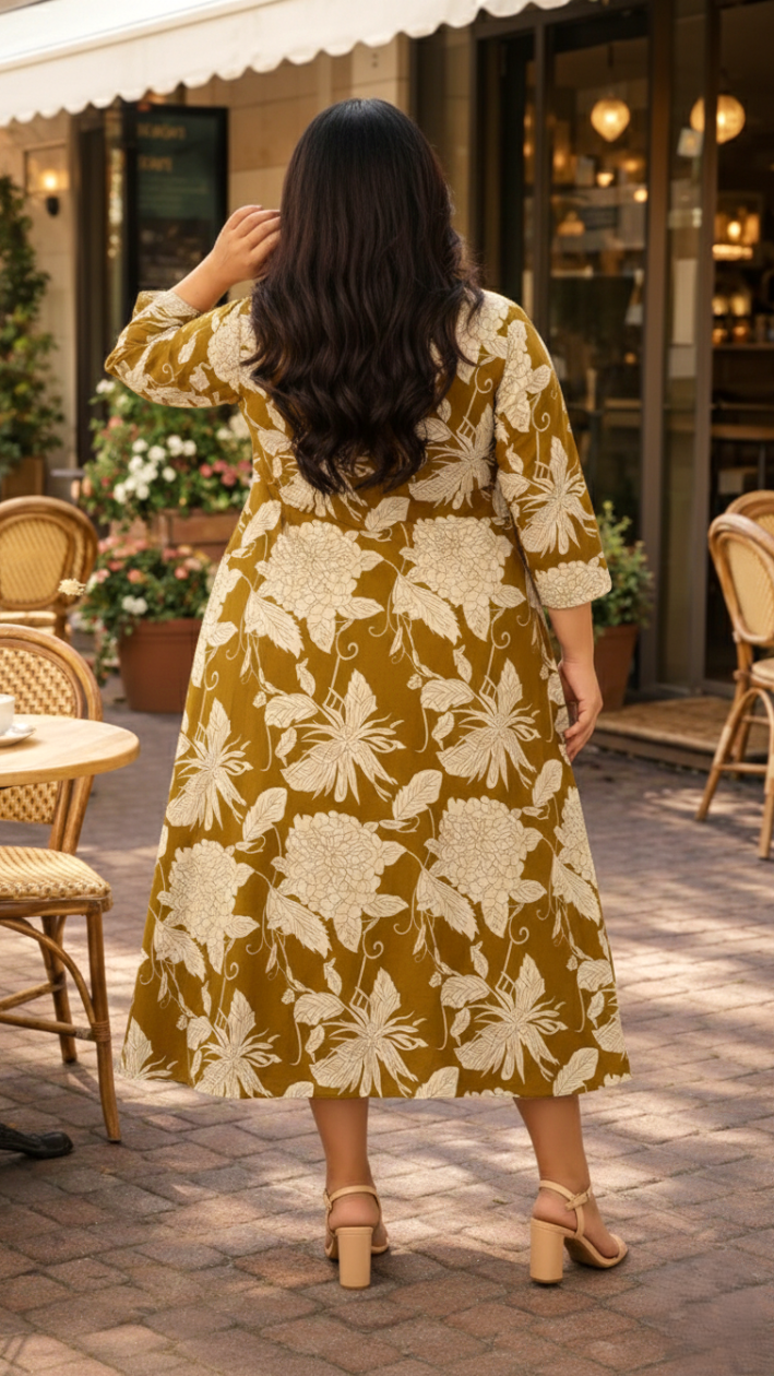 Plus Size Women’s Mustard Floral Midi Dress – Elegant A-Line