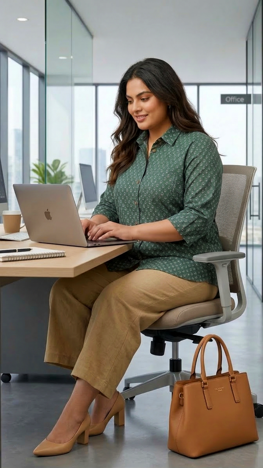 Plus Size Green Printed Cotton Shirt for Women – Smart Casual Office Wear Top