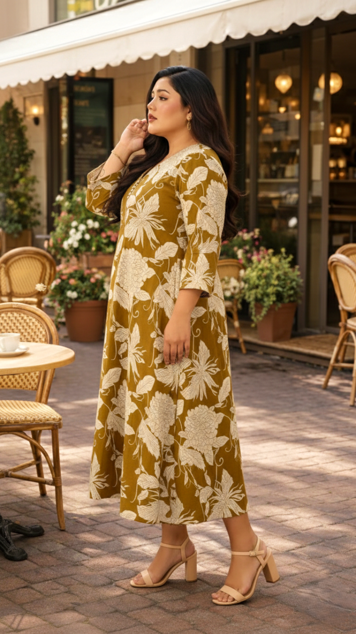 Plus Size Women’s Mustard Floral Midi Dress – Elegant A-Line