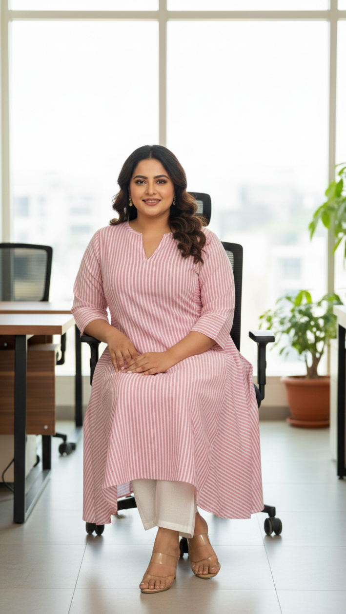Plus Size Women’s Pink Striped Cotton Kurta – A-Line Office Wear