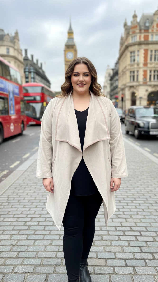 Plus Size Ivory Beige Soft Suede Longline Open-Front Jacket For Women