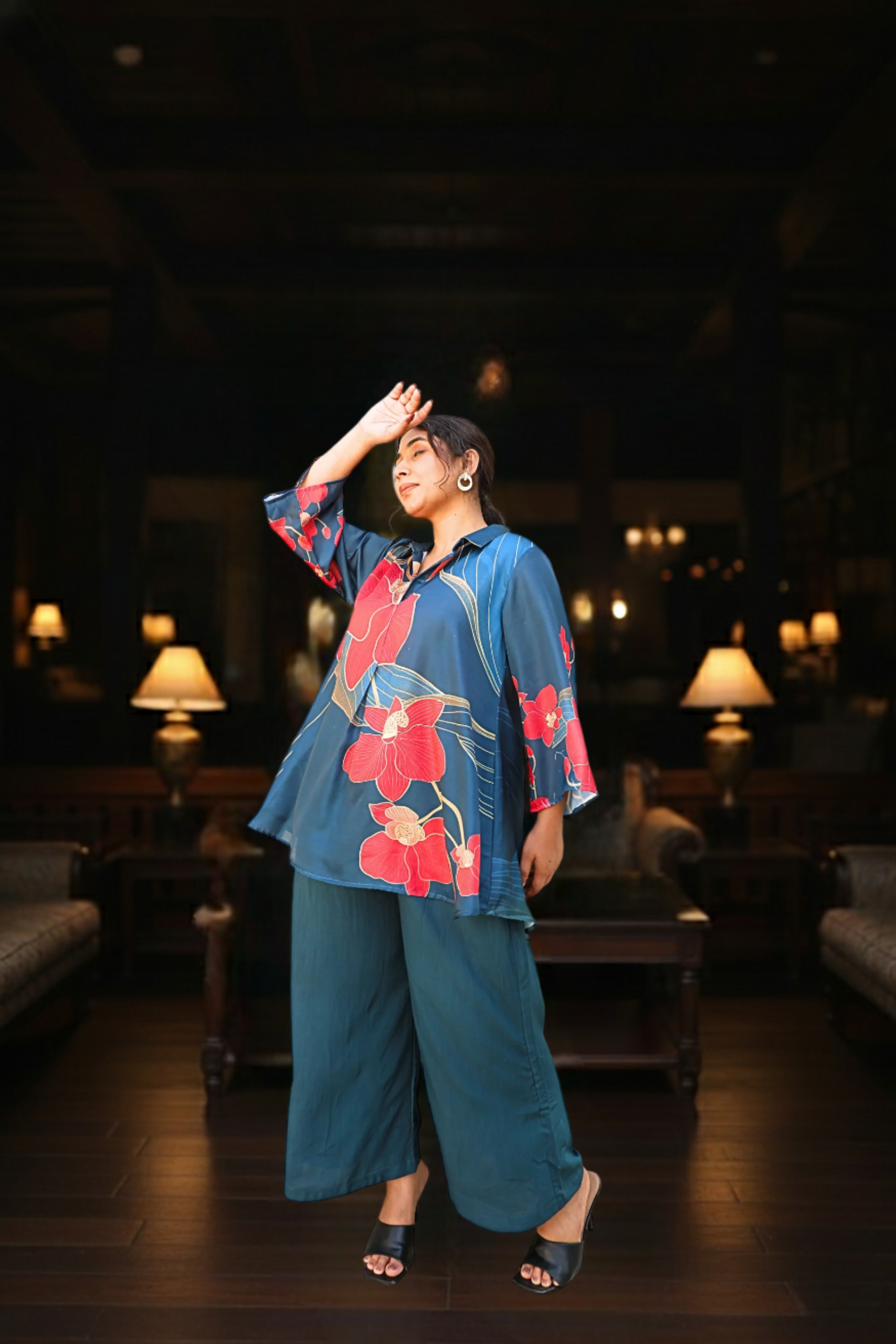 Flowy Satin Teal Co-ord Set with Digital Floral Print