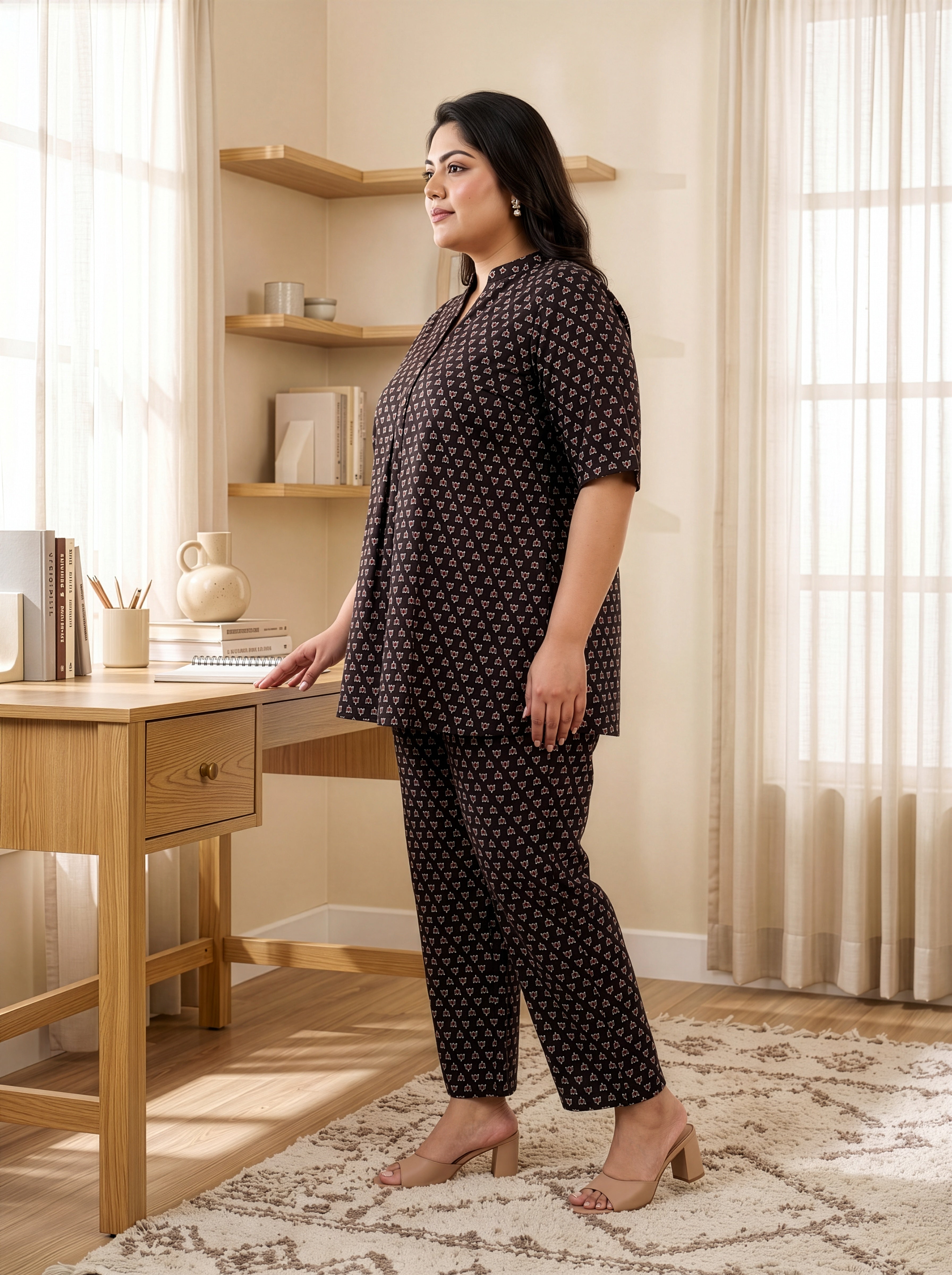 Plus Size Black Booti Print Cotton Co-Ord Set for Women