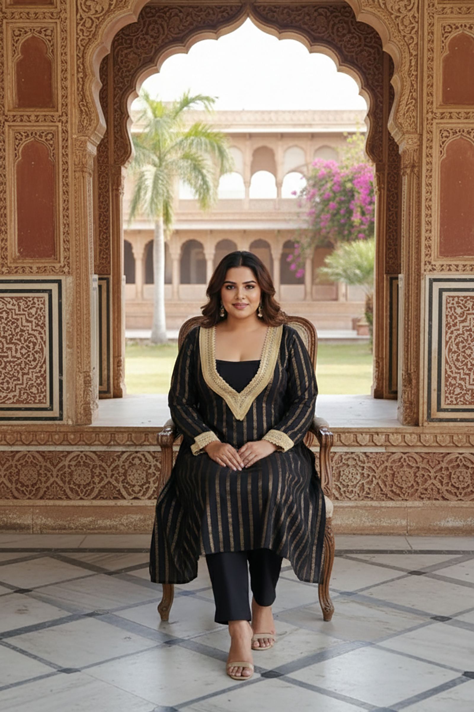 Plus Size Black Golden Ethnic Partywear Kurta & Pants Set for Women