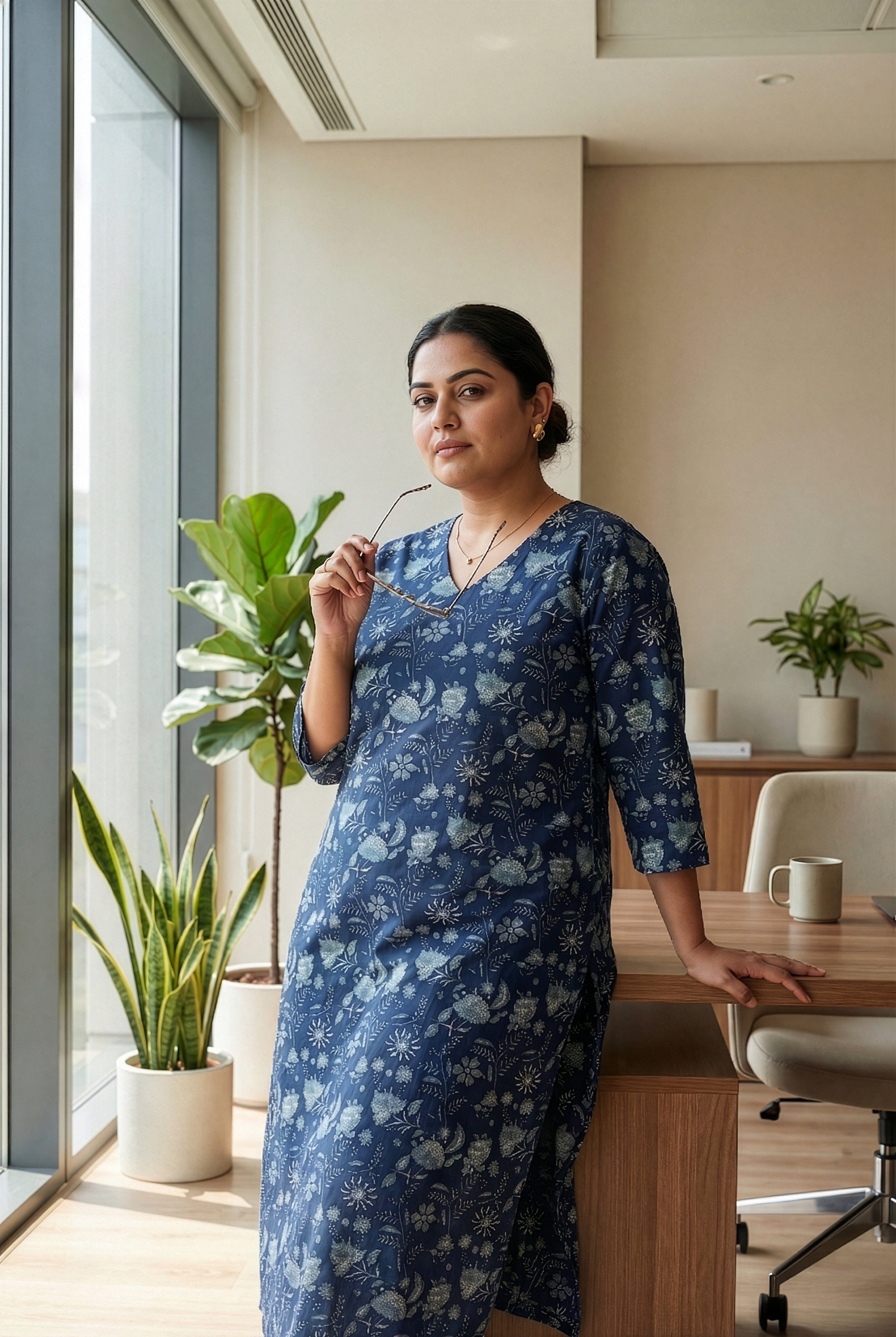 Plus Size Blue Cotton Co-Ord Set for Women – Printed Kurta & Pants Set