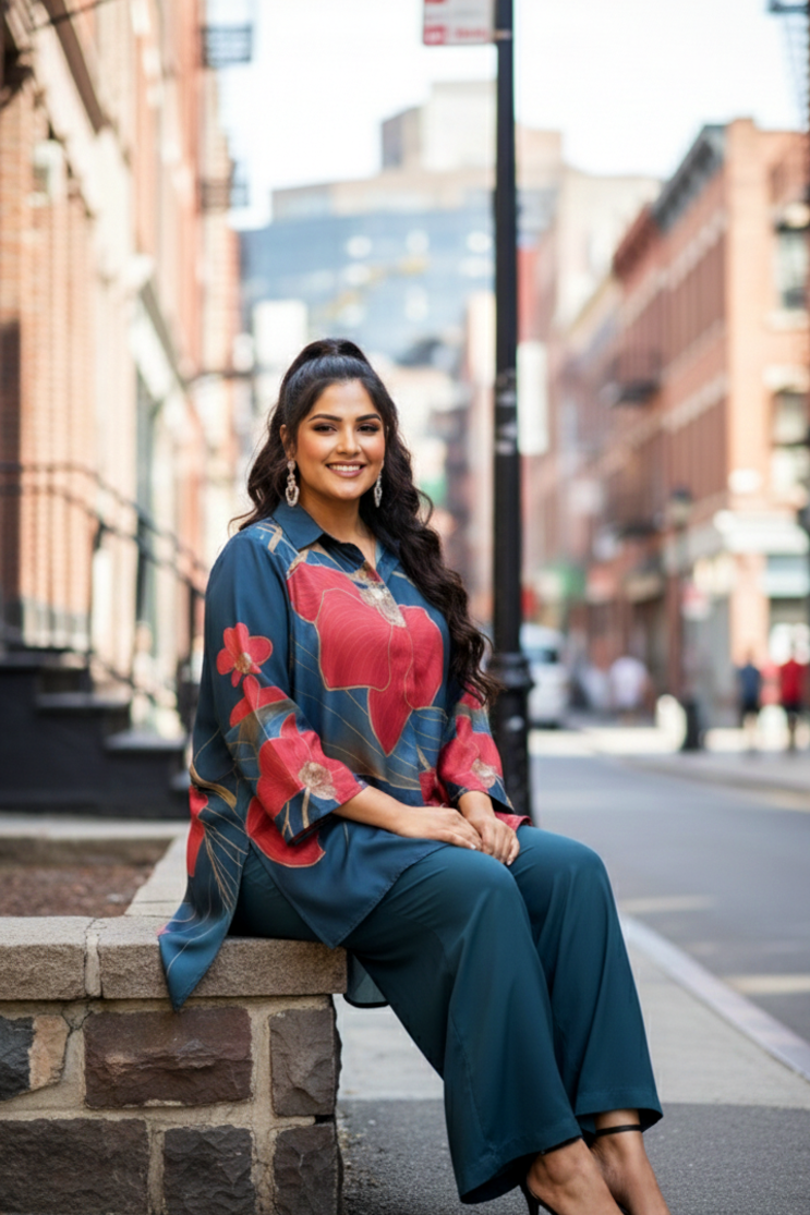 Flowy Satin Teal Co-ord Set with Digital Floral Print