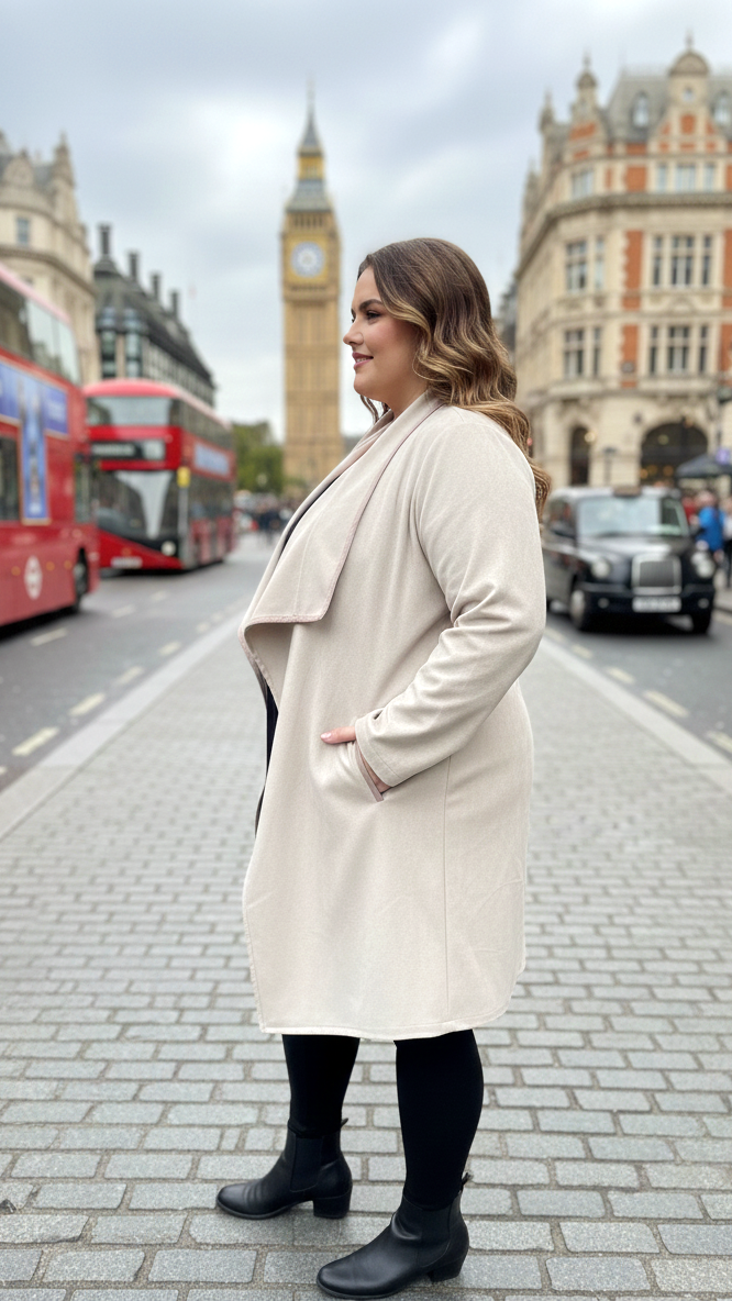 Plus Size Ivory Beige Soft Suede Longline Open-Front Jacket For Women