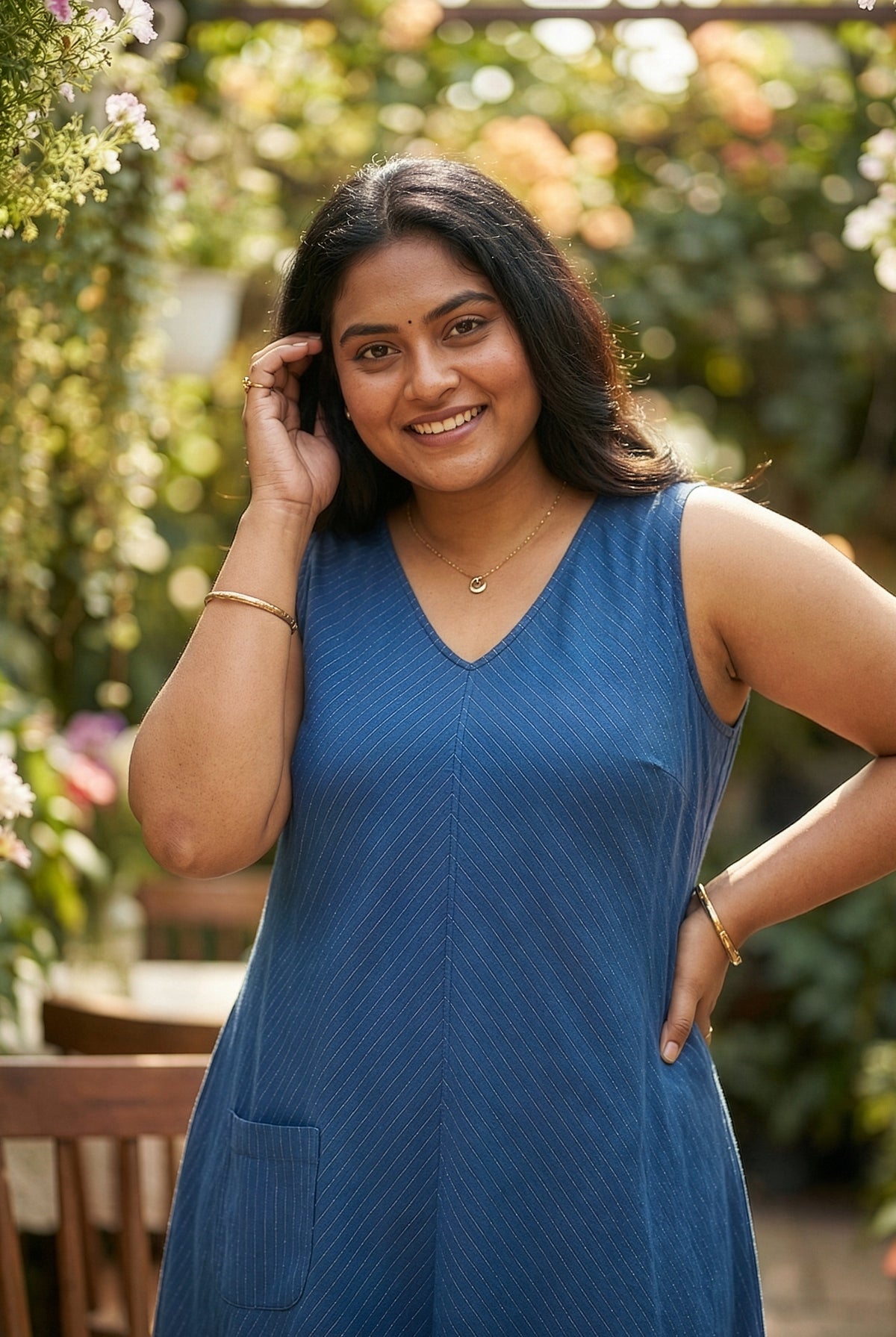 Plus Size Blue Cotton Lurex Maxi Dress for Women – Sleeveless A-Line Dress