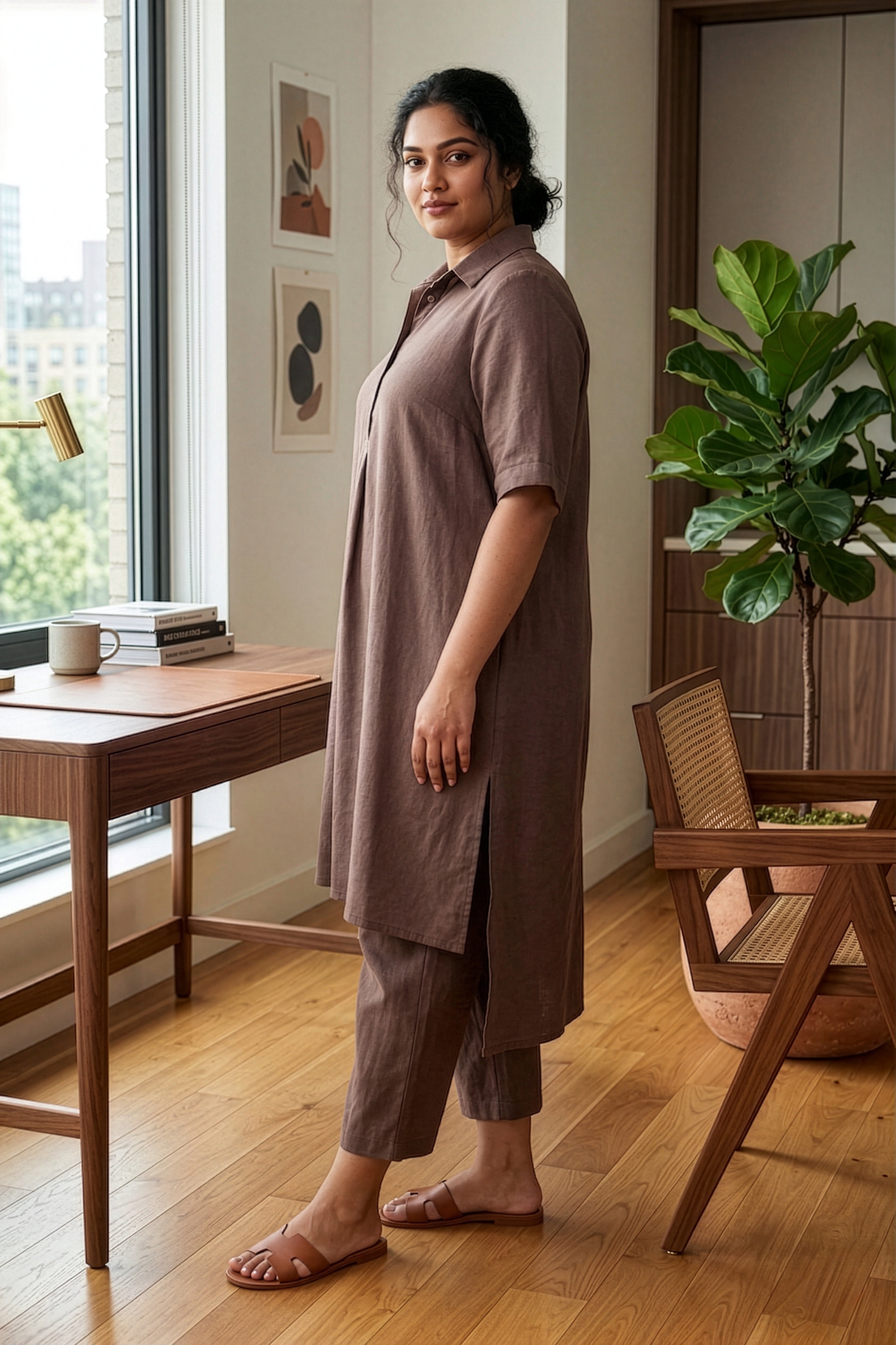 Plus Size Taupe Linen Co-ord Set for Women – Relaxed Fit Shirt Kurta & Pants