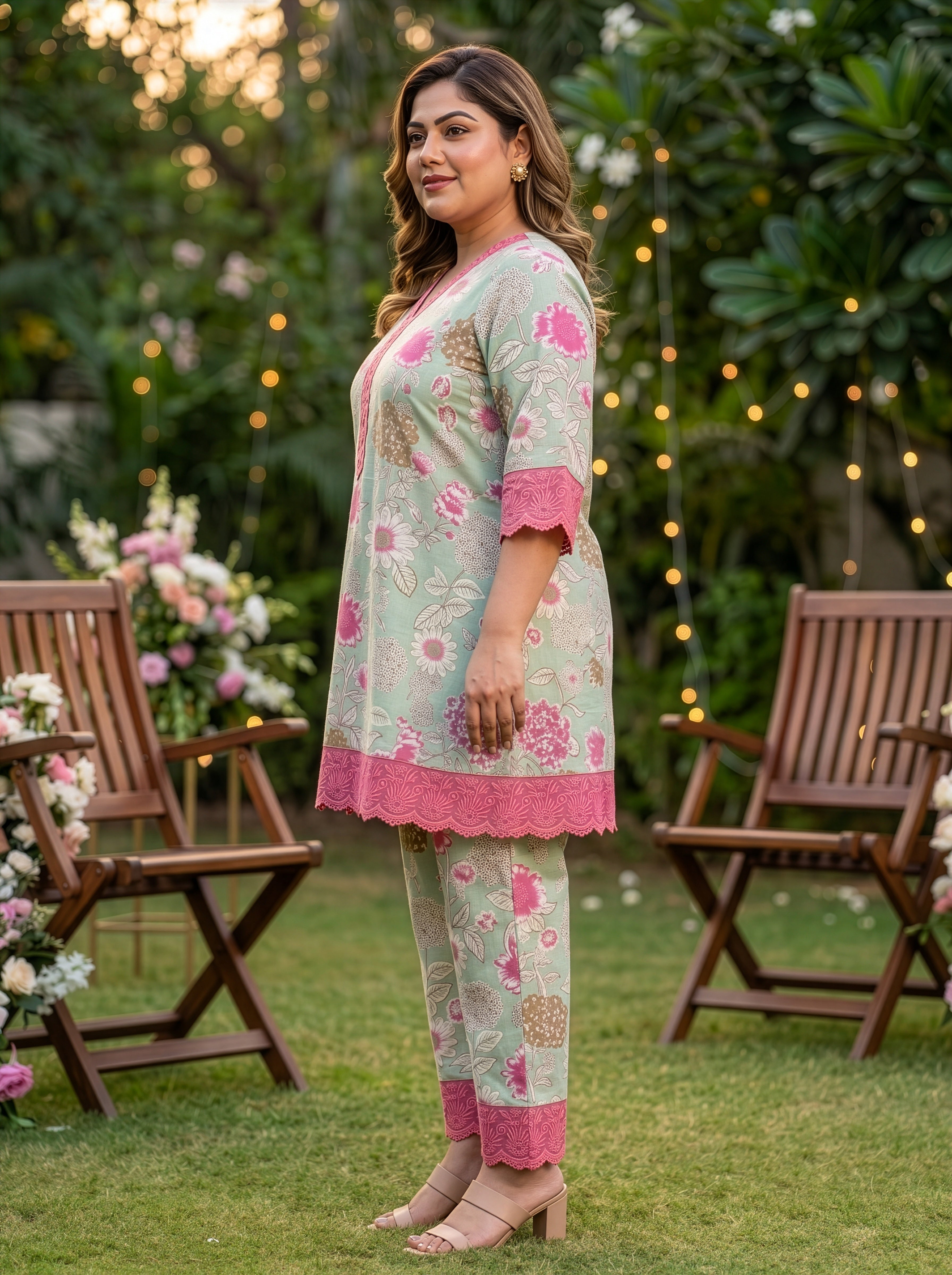 Plus Size Pink and Sage Green Floral Cotton Co-ord Set – Printed Top & Pants