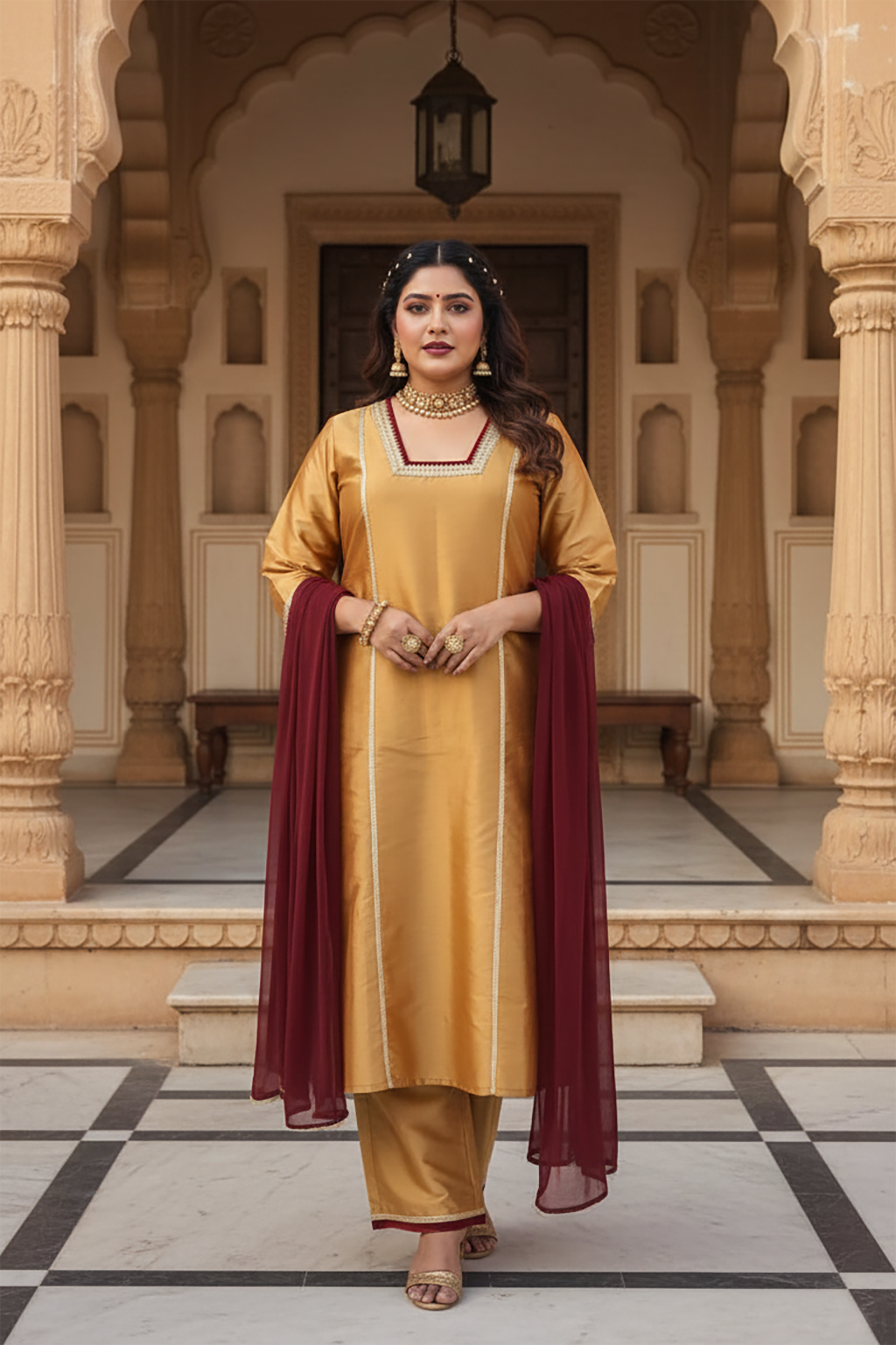 Plus Size Mustard Golden Silk Kurta, Pants & Dupatta Set for Women