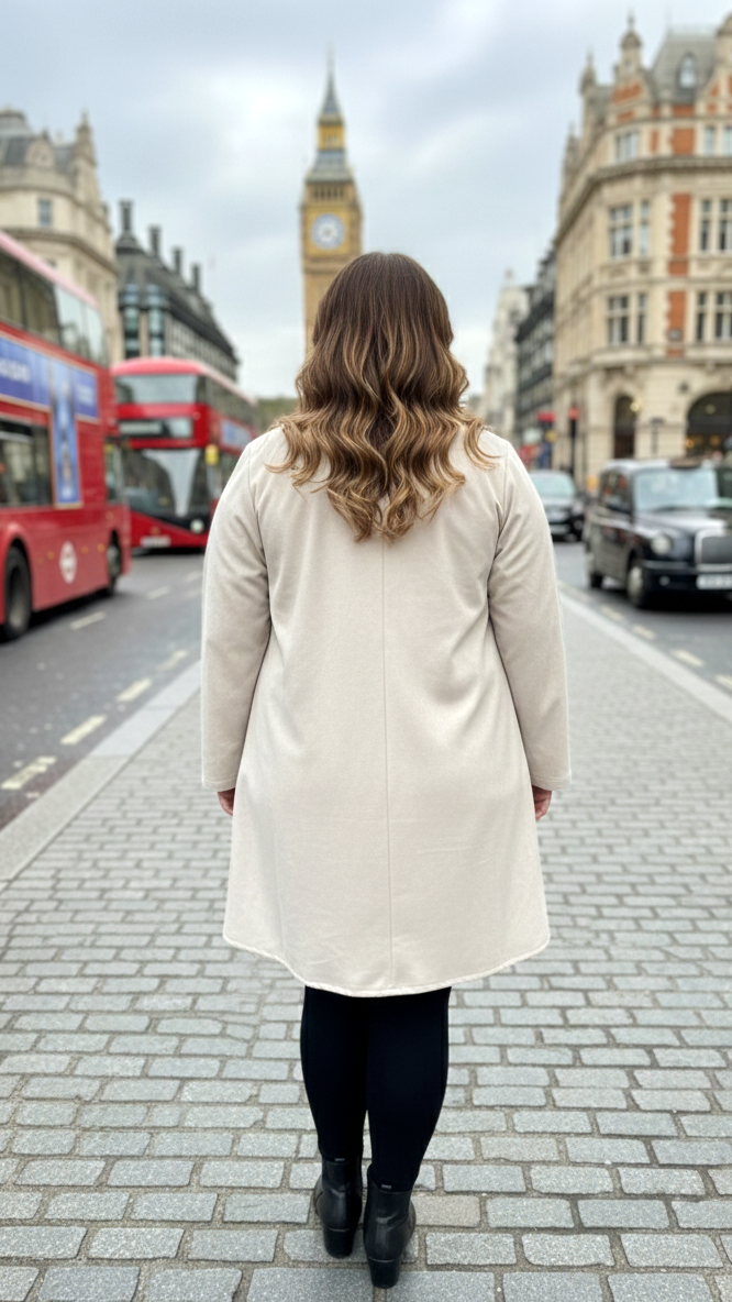 Plus Size Ivory Beige Soft Suede Longline Open-Front Jacket For Women