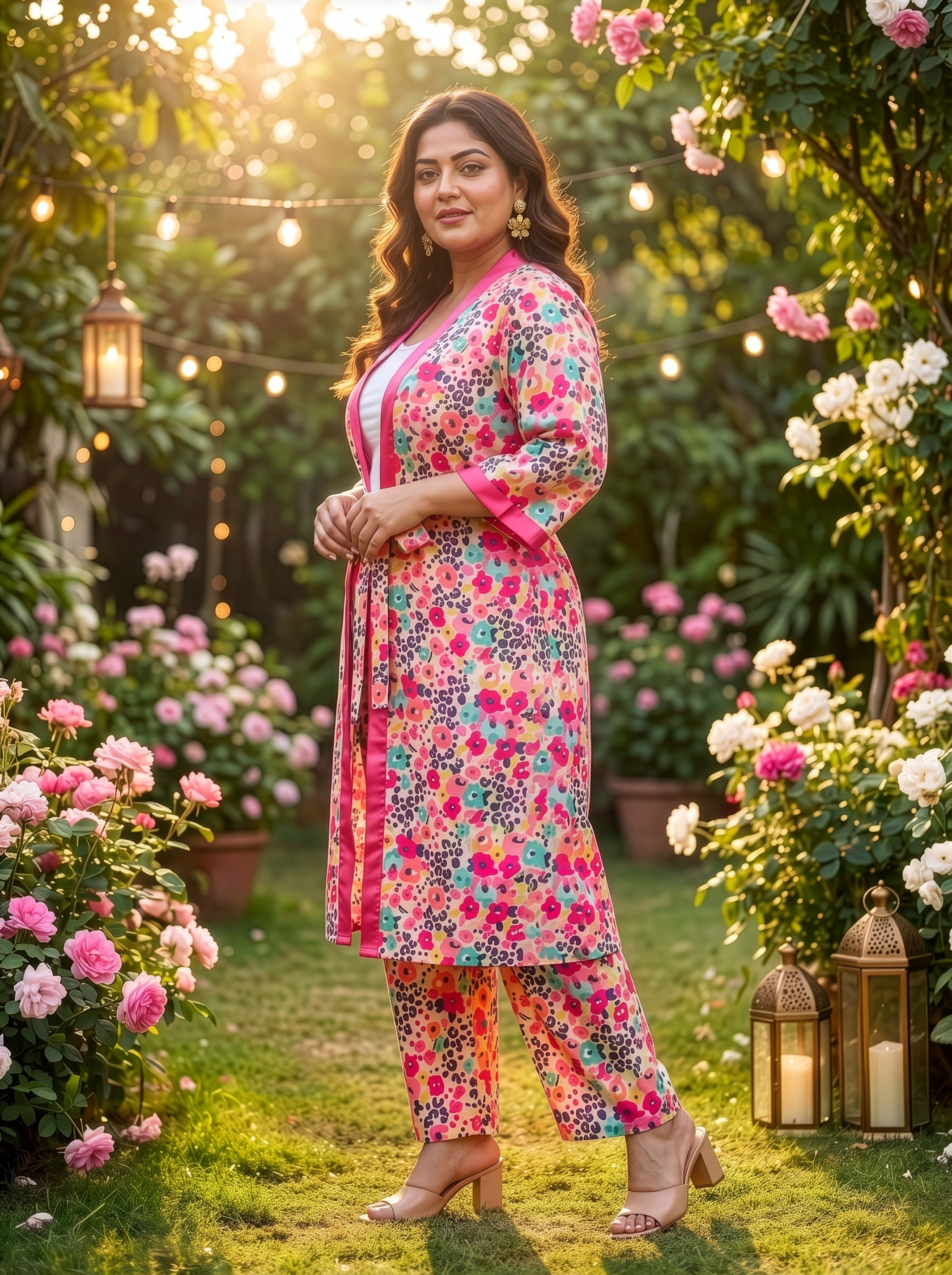 Plus Size Peach Satin Kimono Co-ord Set for Women – Printed Kimono & Trousers