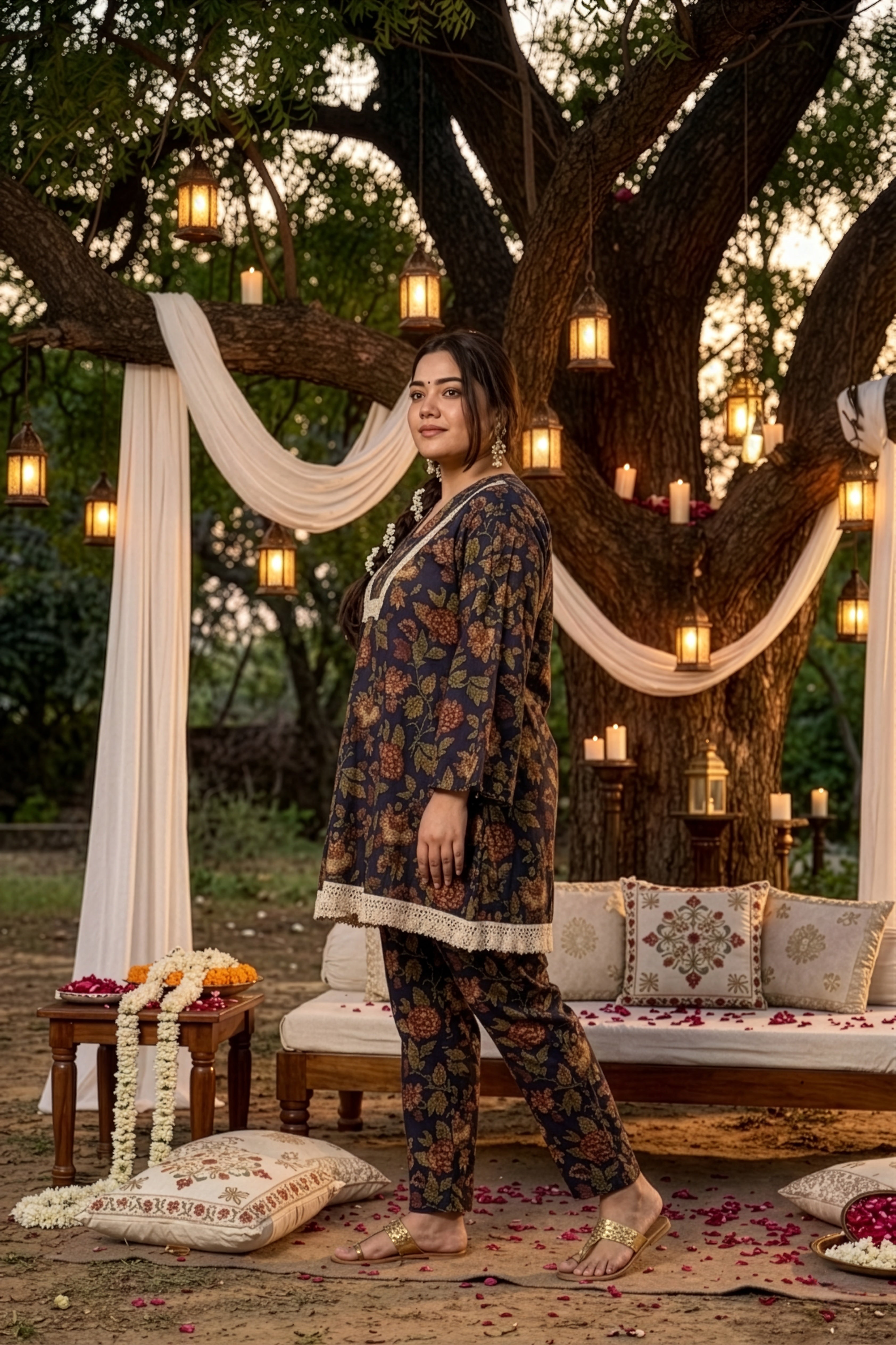 Plus Size Navy Blue Floral Cotton Co-ord Set with Lace Detail – Relaxed Fit