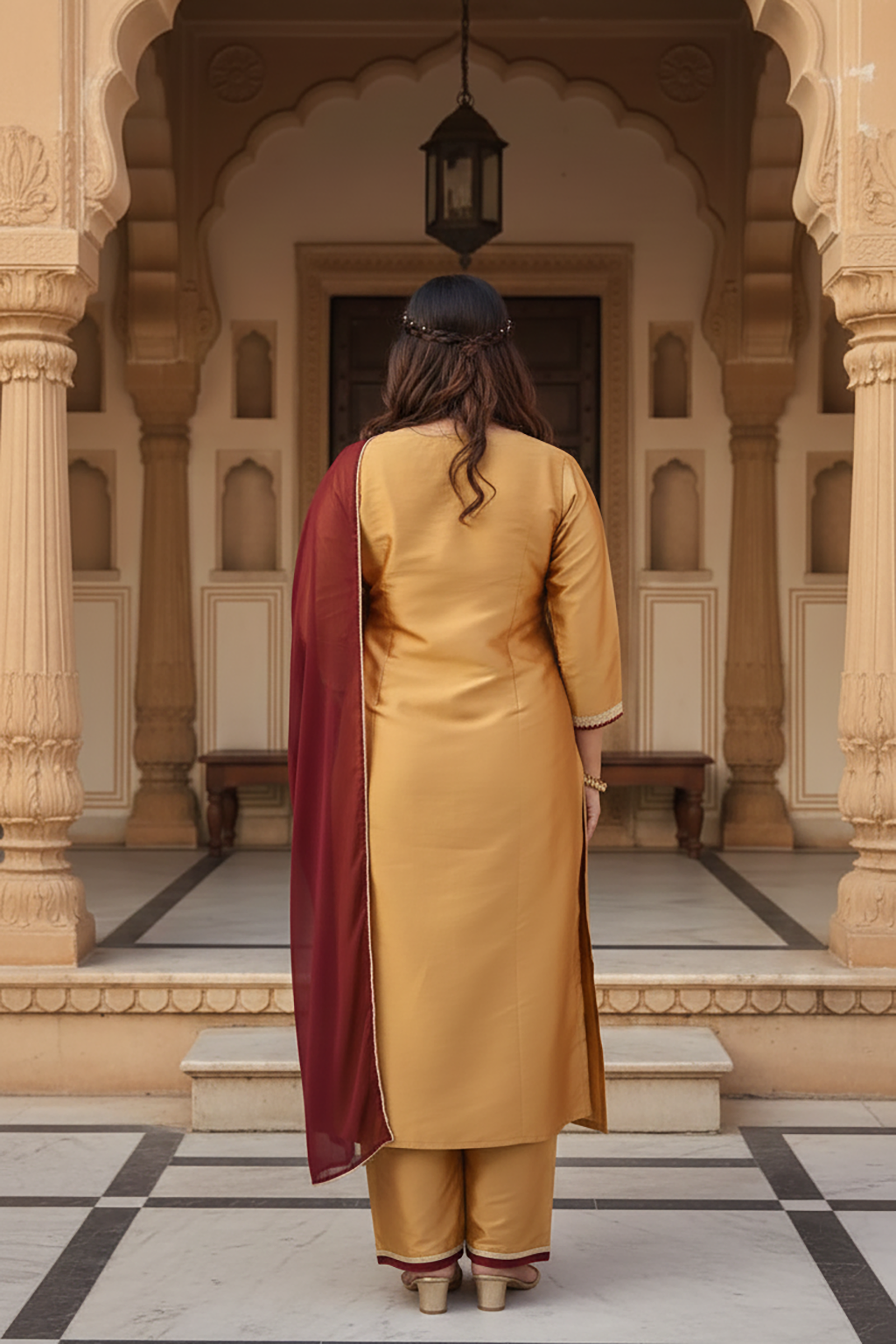 Plus Size Mustard Golden Silk Kurta, Pants & Dupatta Set for Women