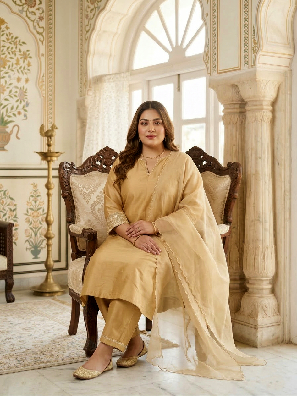 Plus Size Women Elegant Gold Silk Kurta Set - Festive Ethnic Wear with Dupatta