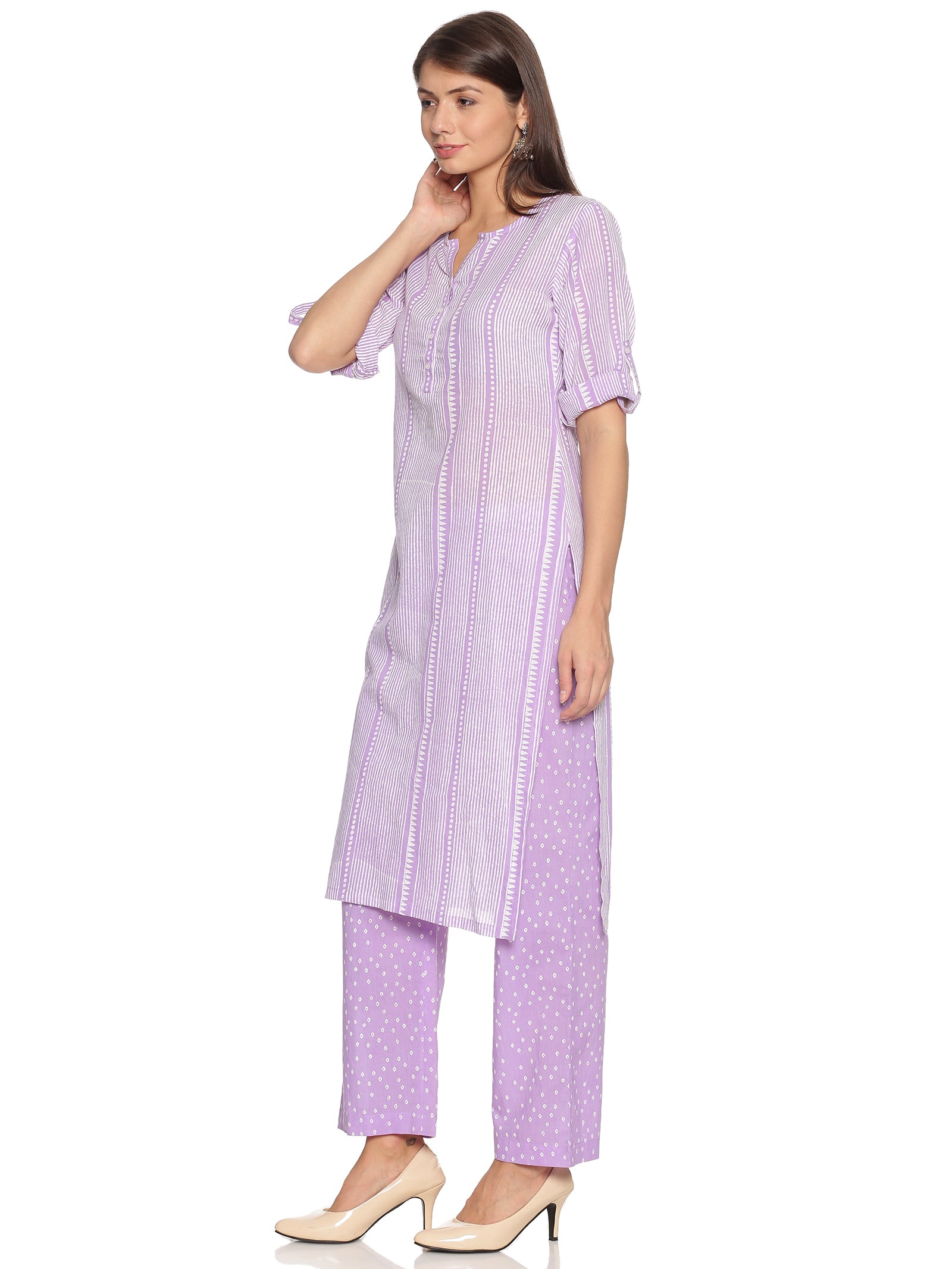 Plus Size Lavender Printed Straight Cotton Kurta Pant Set For Women