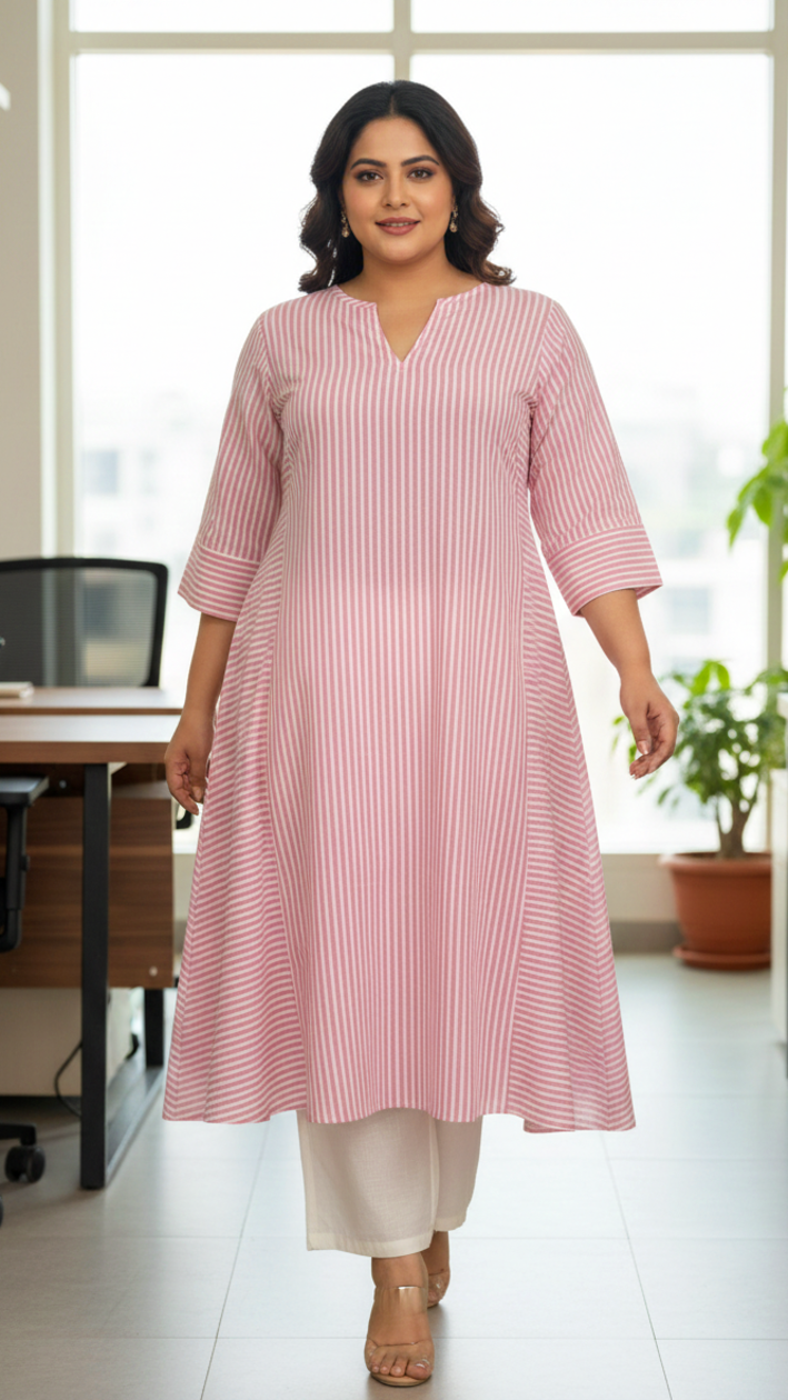 Plus Size Women’s Pink Striped Cotton Kurta – A-Line Office Wear